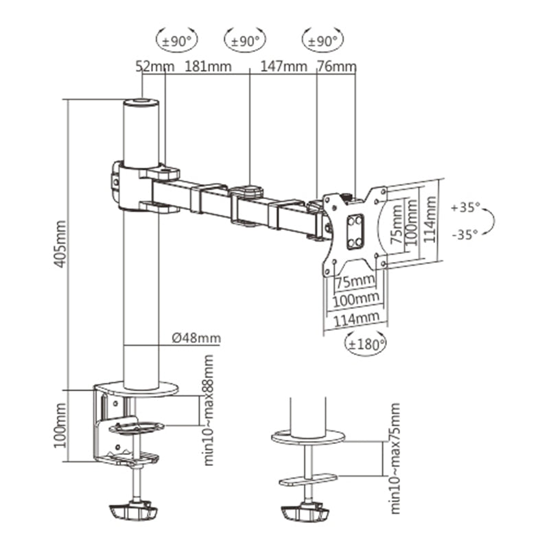 Brateck LDT33-C012 Single Monitor Articulating Arm - 17 to 32 Inch, 12kg Max Load, VESA 75x75 & 100x100 - Perfect for Home Office, Gaming Setup, and Workspace Ergonomics