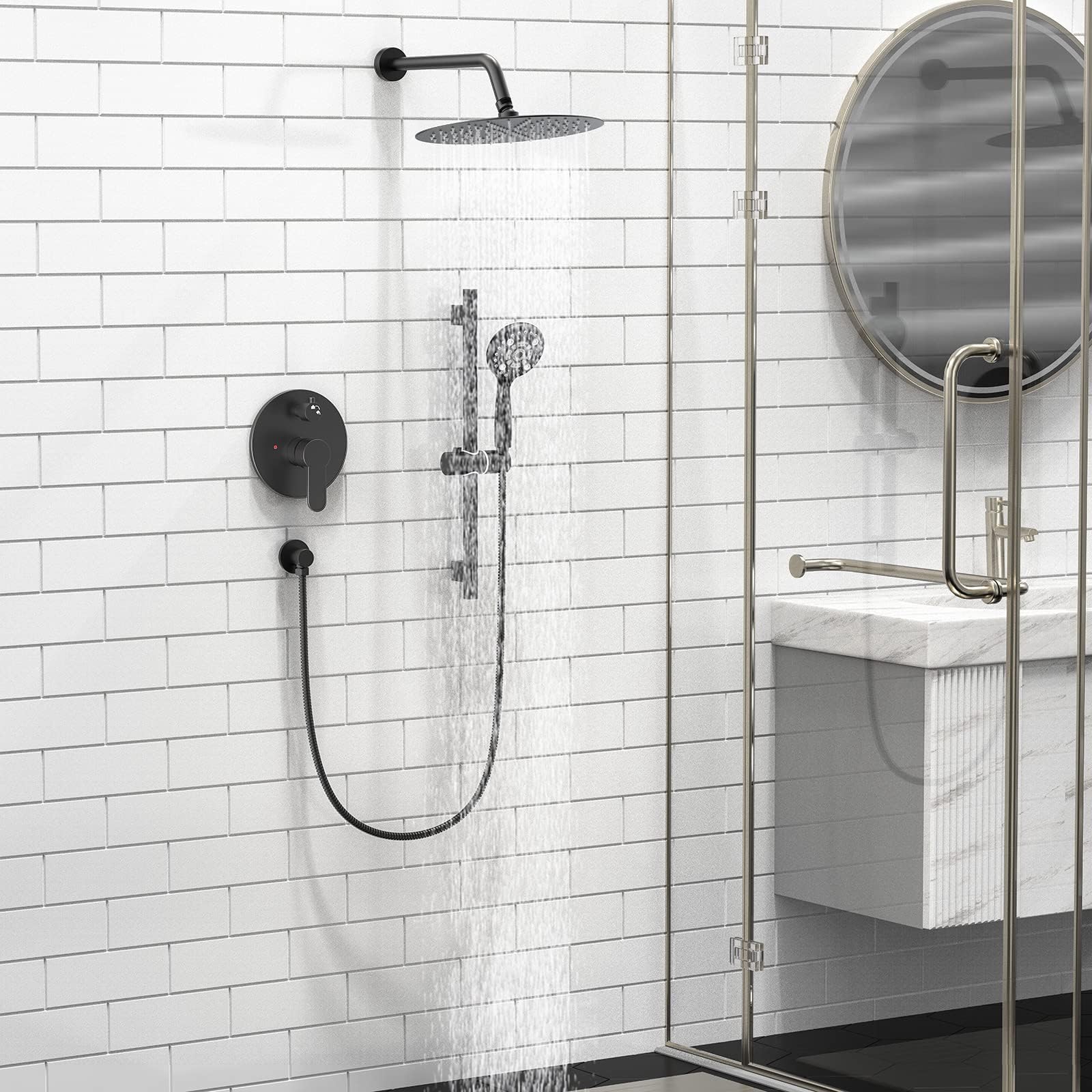 SR SUN RISE 12 Inch Slide Bar Shower System - Round Rainfall Shower Head with 6-Spray Handheld Combo, Wall Mounted Dual Shower Faucet Set Including Valve & Trim Kit in Matte Black - Perfect for Modern Bathroom Renovation and Spa-Like Shower Experience