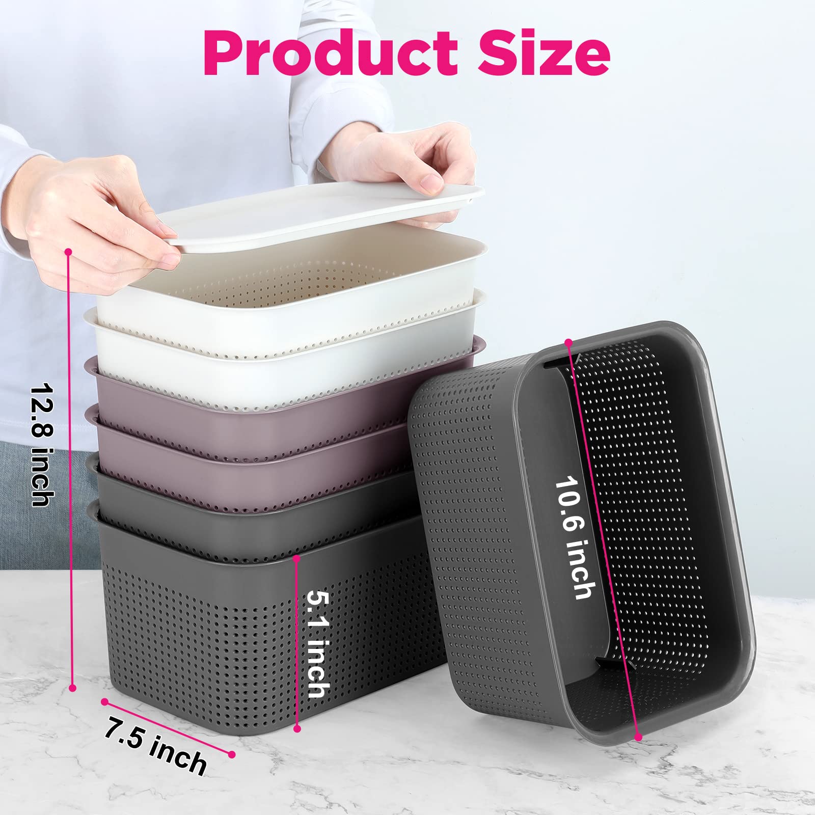 AREYZIN Plastic Storage Baskets with Lids - 4 Pack Organizing Containers for Home, Office & Classroom - Stackable Storage Bins for Shelves, Drawers, Closet, Playroom (Grey & Purple) - Perfect for Toys, Books, Crafts & Office Supplies Organization