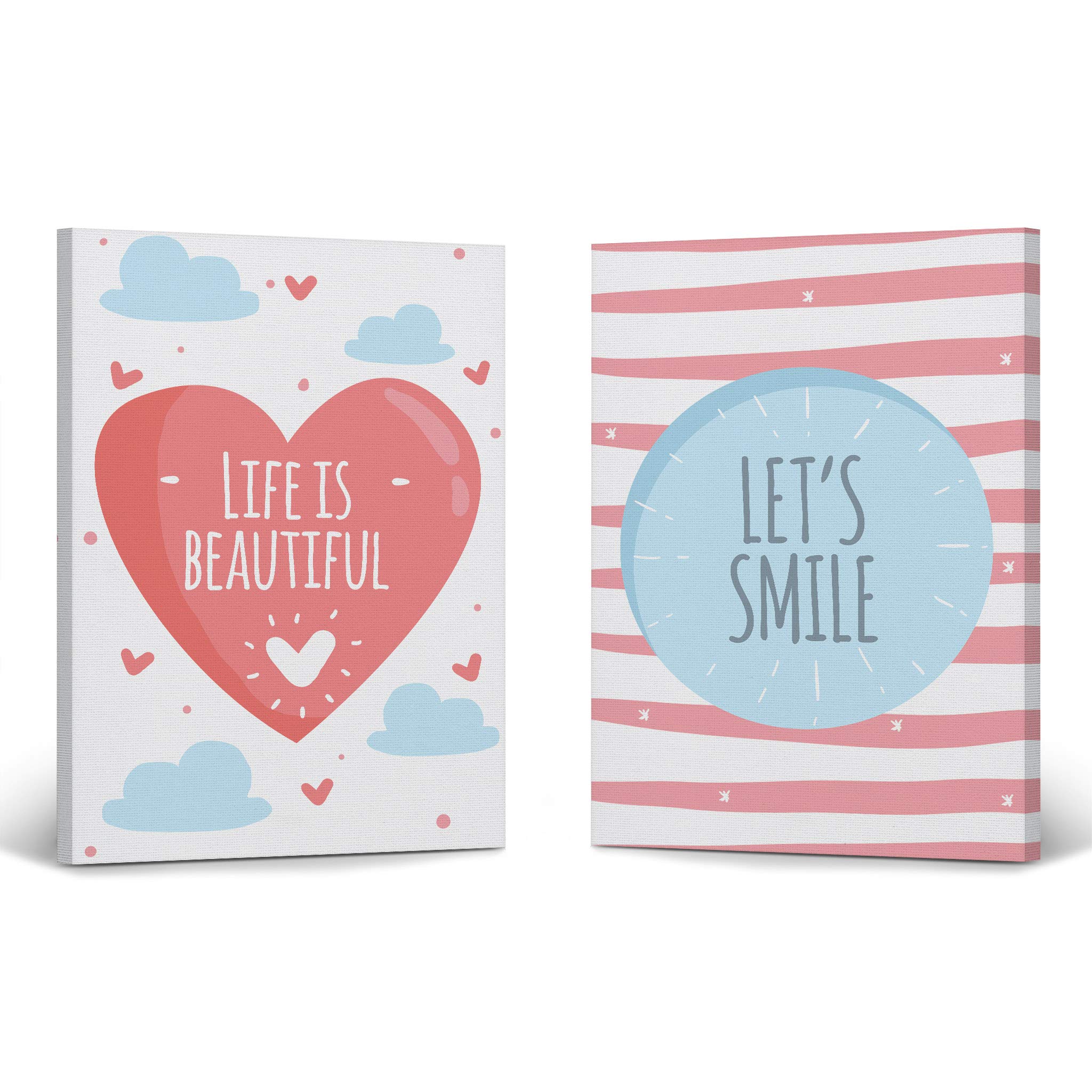 Life is Beautiful Let's Smile Motivational Quote 2-Piece Canvas Wall Art Set - 36x24 Inch Ready to Hang Kids Room Decor for Boys & Girls - Perfect for Nursery, Bedroom & Playroom - Made in USA