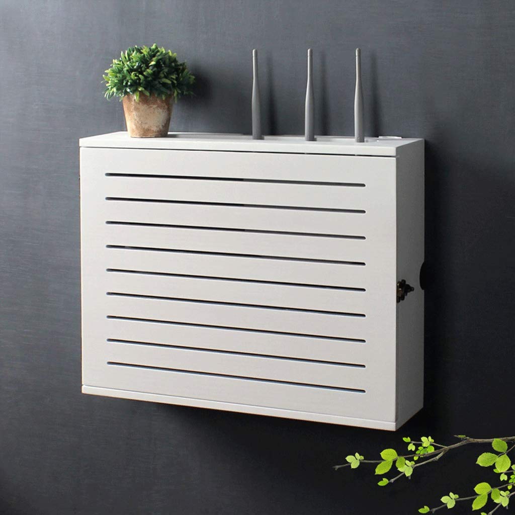 White Wireless Router Storage Shelf - Wall-Mounted WiFi Router Organizer Box with Cable Management & Socket Cover, Floating Shelf (40cm Inner Diameter) - Perfect for Home Office & Living Room Network Setup
