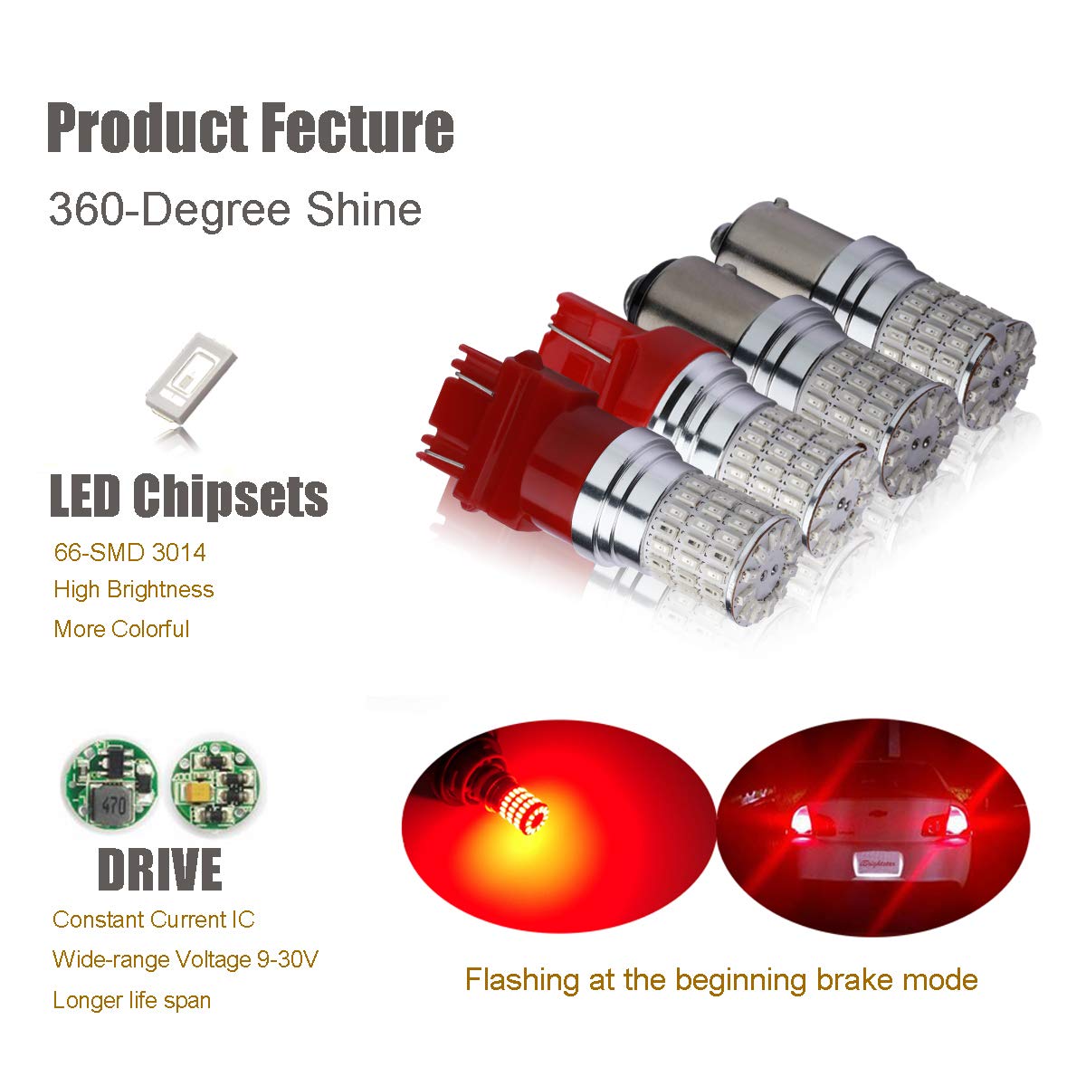 iBrightstar 9-30V Flashing Strobe LED Brake Light Bulbs - 3157 3057 3156 3056 Replacement for Tail & Stop Lights - Super Bright Red - Perfect for Cars, Trucks & Motorcycles Safety Warning Lights