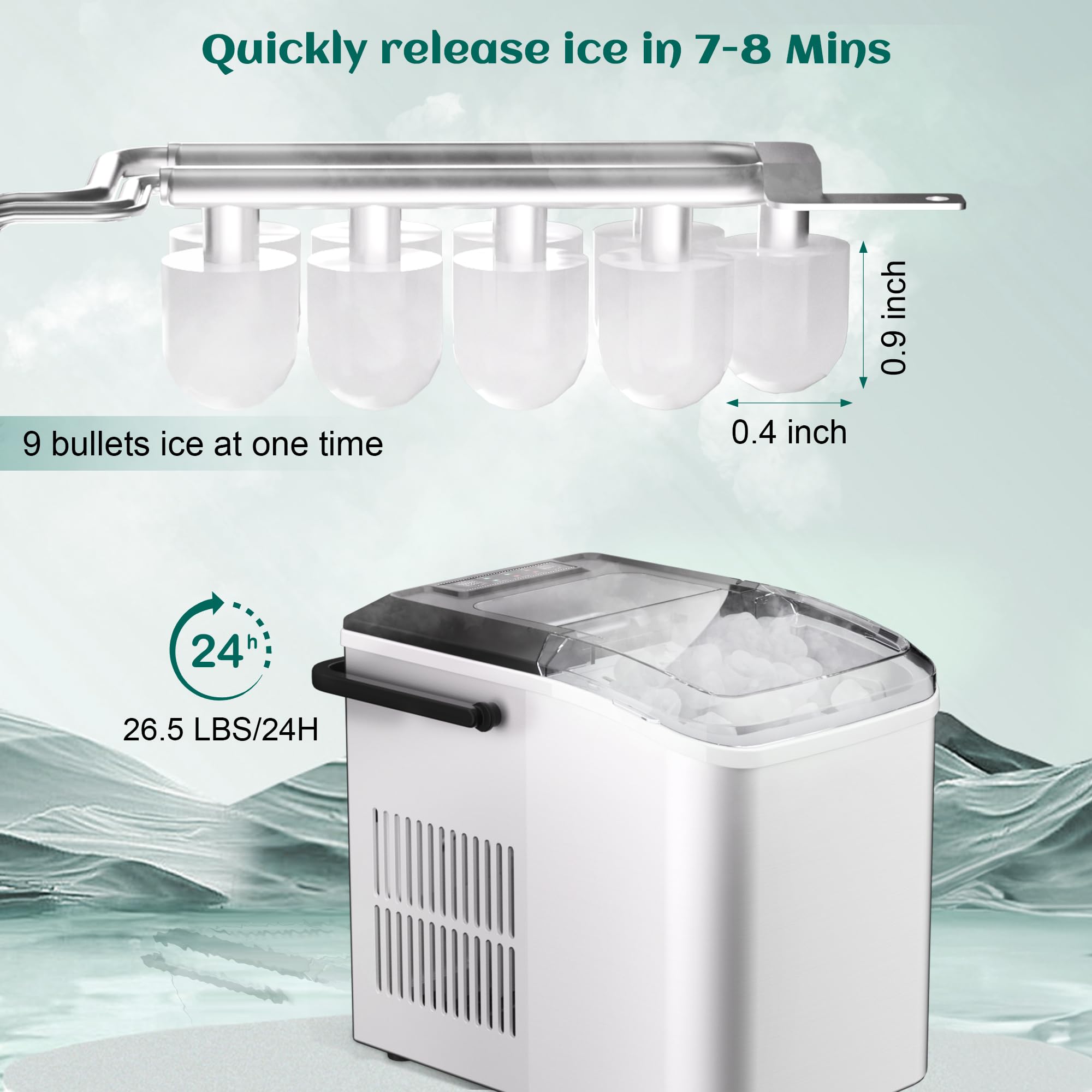 Portable Bullet Ice Maker Machine - 26.5 lb/24H Self-Cleaning Countertop Ice Maker with 9 Cubes in 7-8 Minutes - Perfect for Home, Office, Kitchen, RV, Camping & Outdoor Use