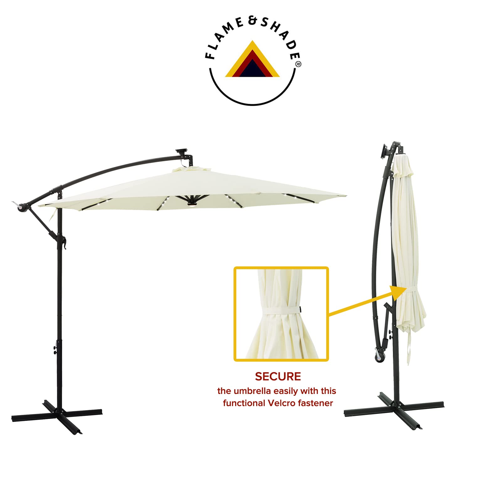 FLAME&SHADE 10 ft Cantilever Offset Solar Powered Outdoor Patio Umbrella with LED Lights and Cross Base Stand - Ivory - Perfect for Poolside, Backyard, Garden, and Outdoor Dining Areas