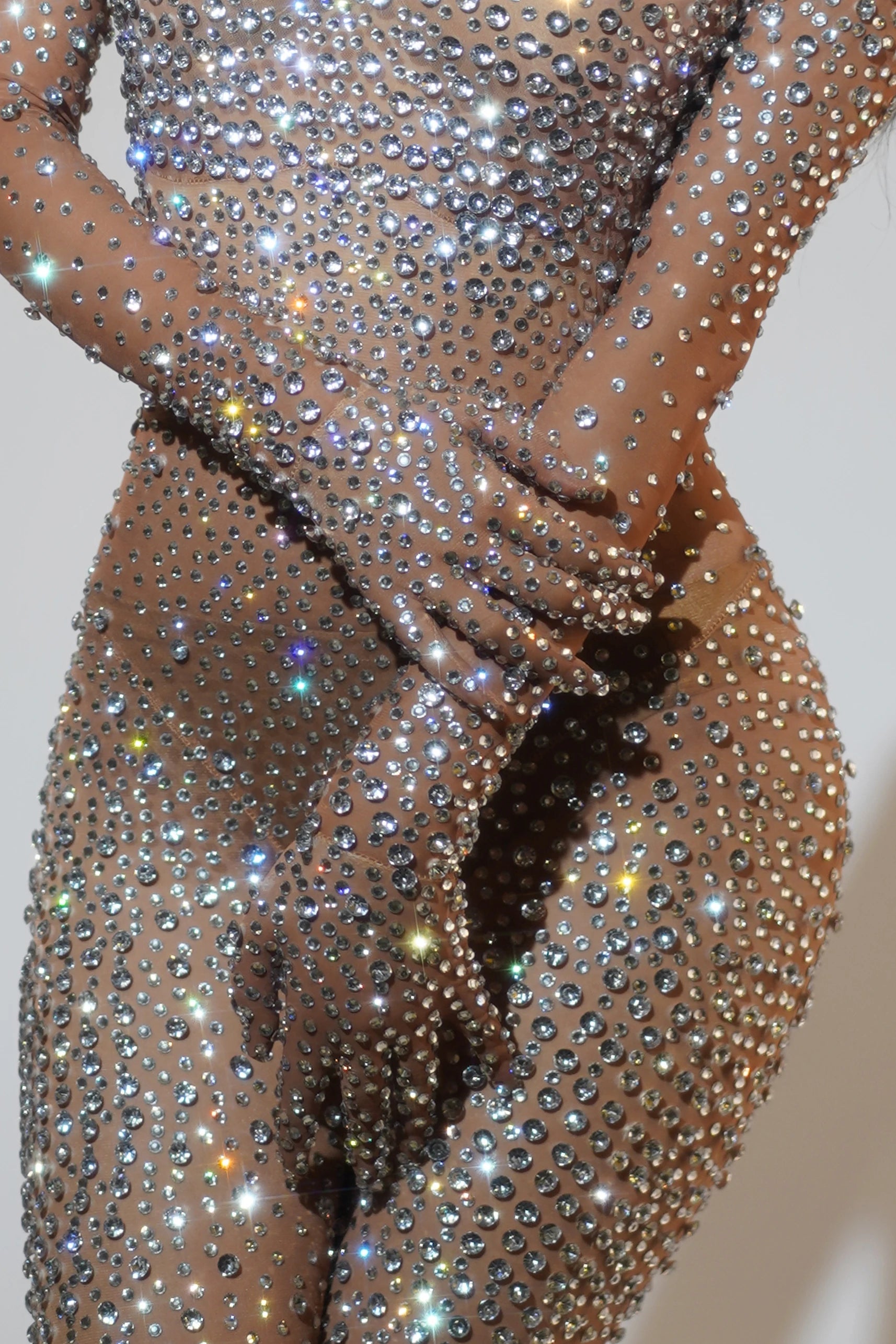 Sparkling Rhinestone Jumpsuit with Swarovski Crystals - Elegant Full Body Shimmer Outfit for Party, Club, or Performance