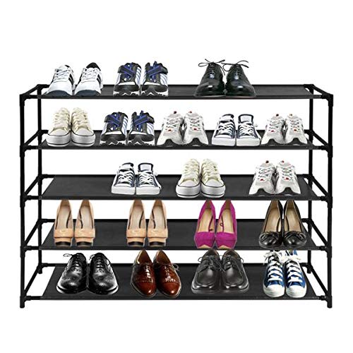 BOERLKY 5-Tier Shoe Rack Organizer - Space Saving Stackable Shoe Shelf with Detachable Non-Woven Waterproof Fabric, Easy Assembly for Closet, Entryway & Bedroom Storage (Black)