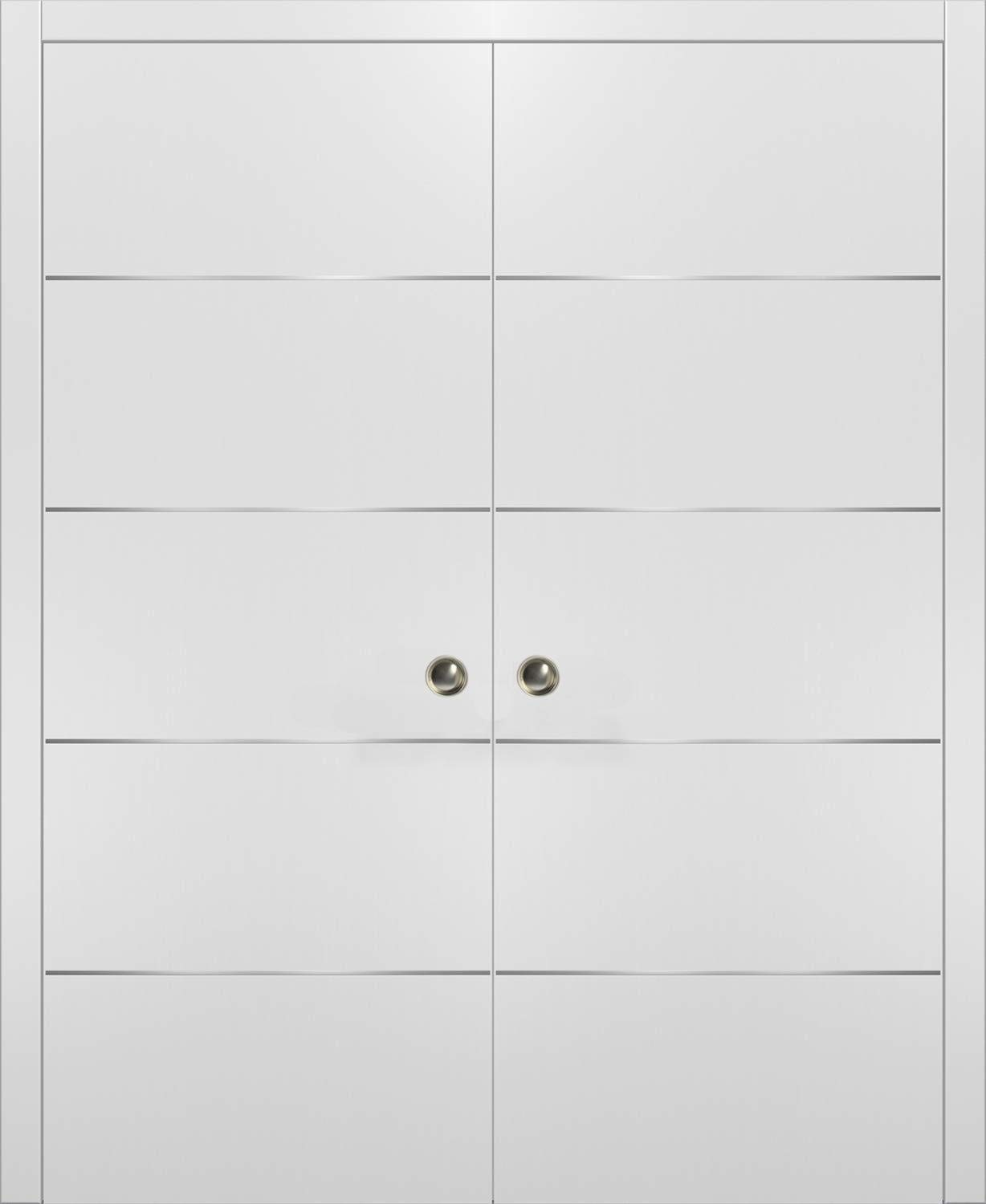 SARTODOORS 60x96 Inch Double Pocket Sliding White Doors with Strips - Planum 0020 Matte White Finish | Includes Frames, Trims & Pulls Hardware | Solid Core Closet Door for Bedroom, Walk-in Closet & Home Organization