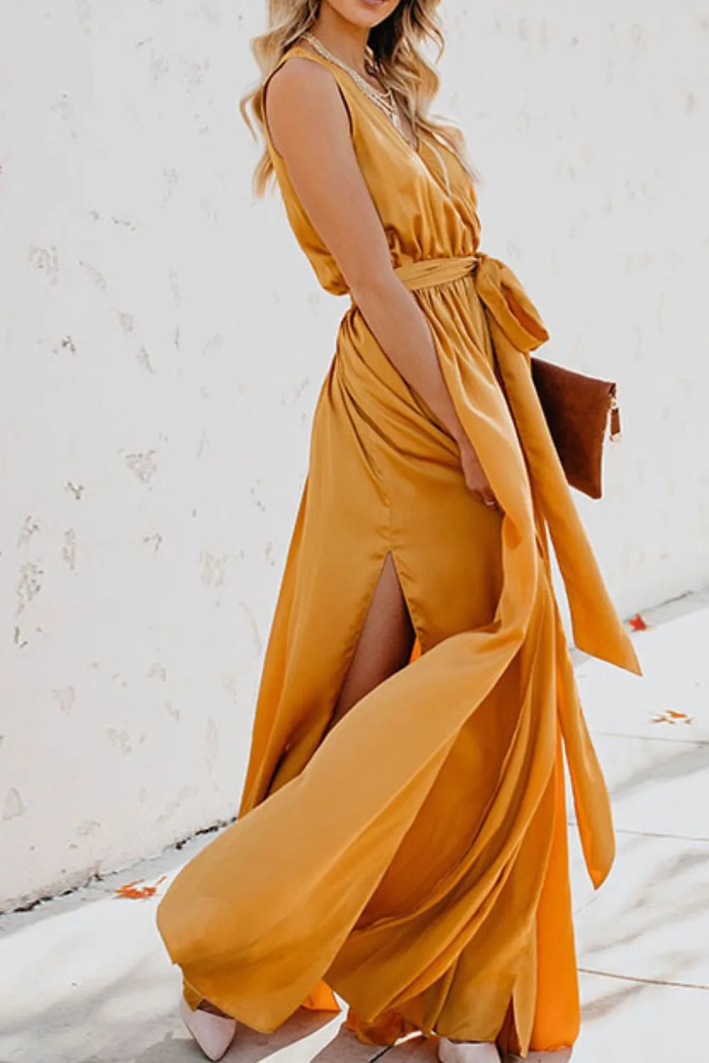 Elegant Tie Waist Maxi Resort Dress for Women - Flowy Summer Beach Dress with Side Slits | Perfect for Vacations, Weddings & Tropical Getaways