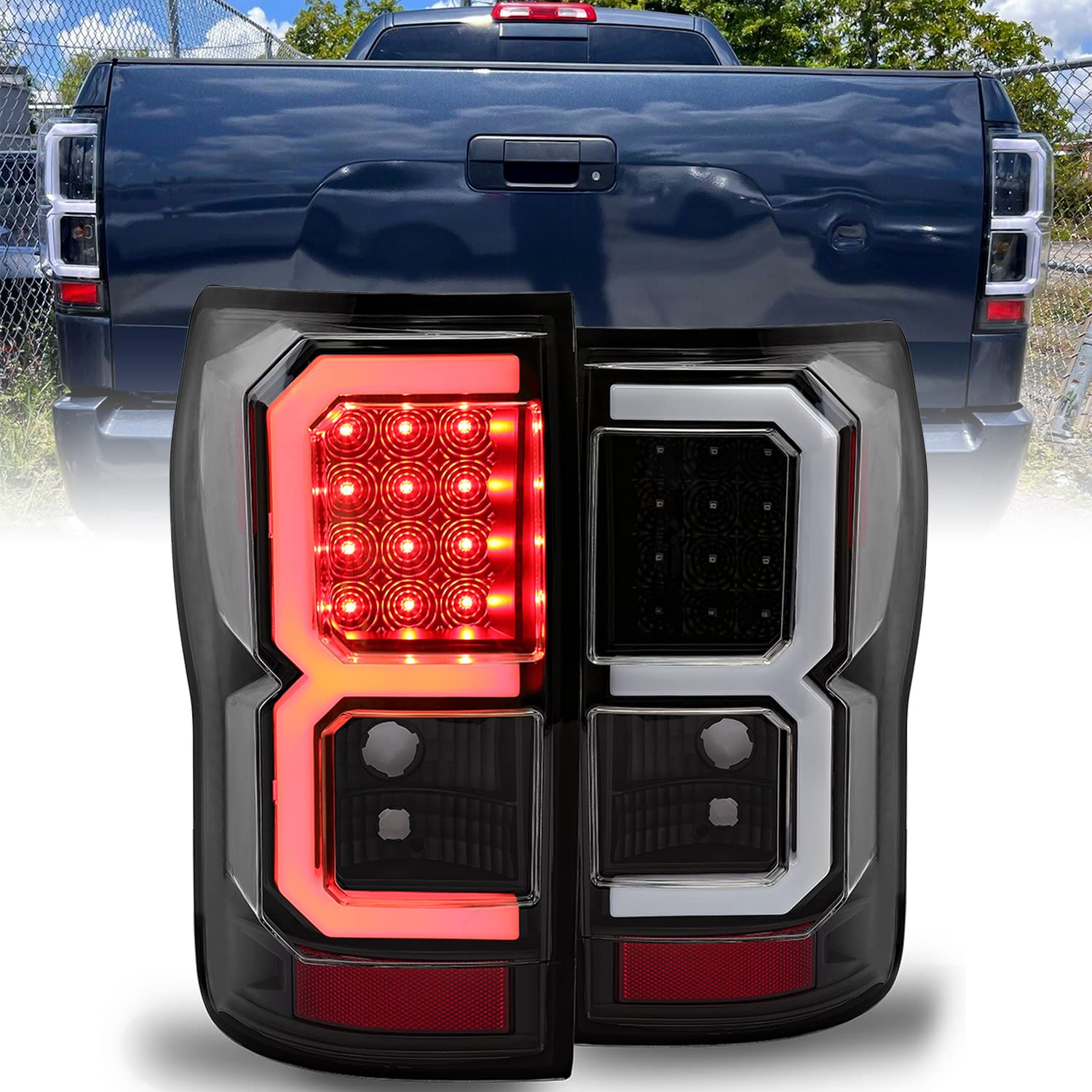 ECOTRIC LED Tail Lights for 2007-2013 Toyota Tundra - Pair of LED Tube Bar Taillights with Clear Lens & Black Housing (Driver & Passenger Side) | Durable Brake Lamps for Enhanced Night Driving Safety & Style Upgrade