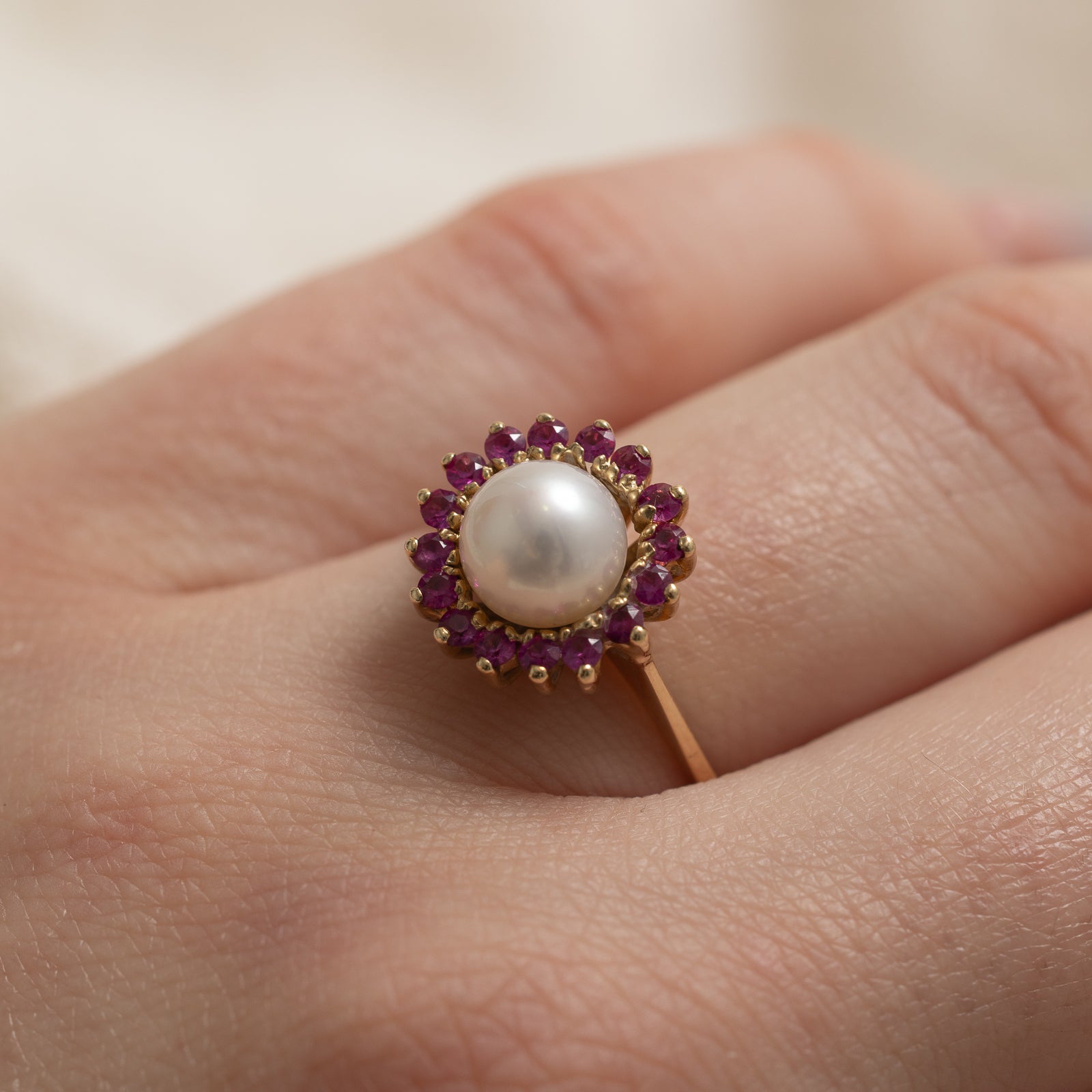 Elegant Pearl & Synthetic Ruby Halo Ring - 0.48 Carat Total Weight - Size 7.5 - Perfect for Weddings, Anniversaries & Special Occasions