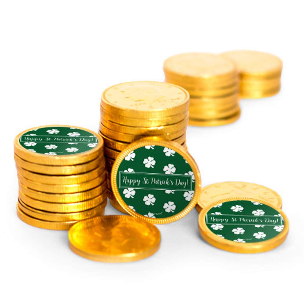 St. Patrick's Day Gold Chocolate Coins with Lucky Clover Stickers (84 Pack) - Bulk Party Favors for Irish Themed Celebrations, Classroom Rewards & Holiday Gift Baskets