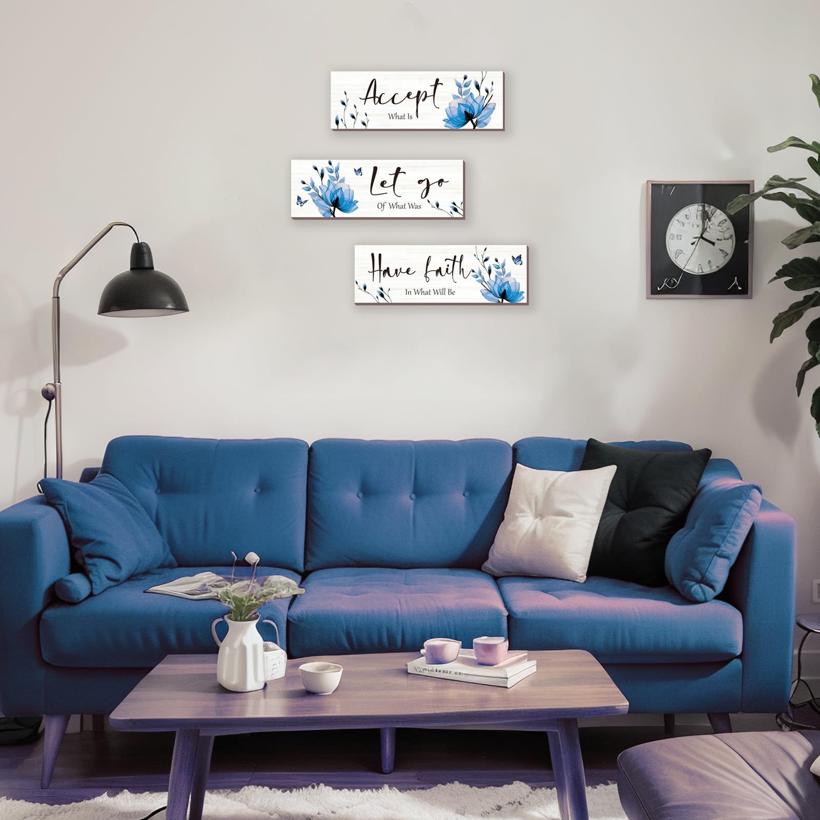 3-Piece Blue Bathroom Decor Set - Rustic Flower Wall Art with Inspirational Quote 