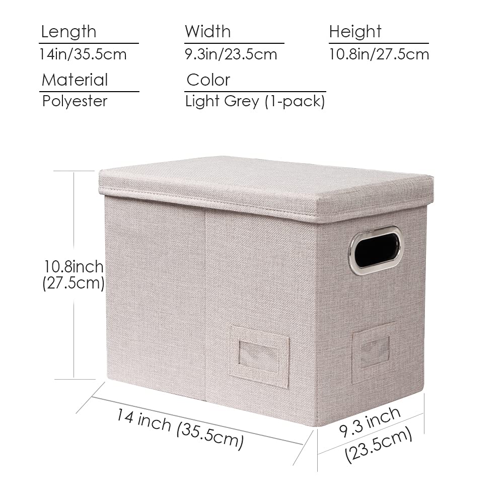 PRANDOM Collapsible File Organizer Box Set - 1 Decorative Linen Storage Box with Lid for Hanging Folders, Office Cabinet Letter Size (14x9.3x10.8 Inch) Light Grey - Perfect for Home Office, School Supplies & Document Organization