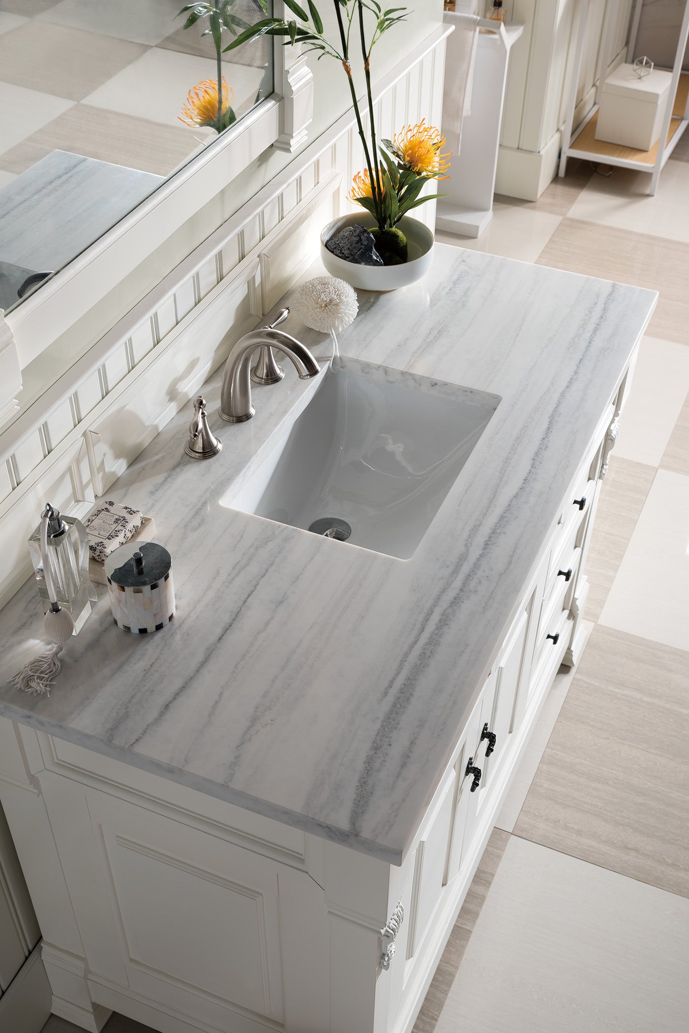 Brookfield 48 Inch Single Bathroom Vanity with Bright White Finish & 3CM Arctic Fall Solid Surface Top - Perfect for Modern Bathroom Renovations & Home Upgrades