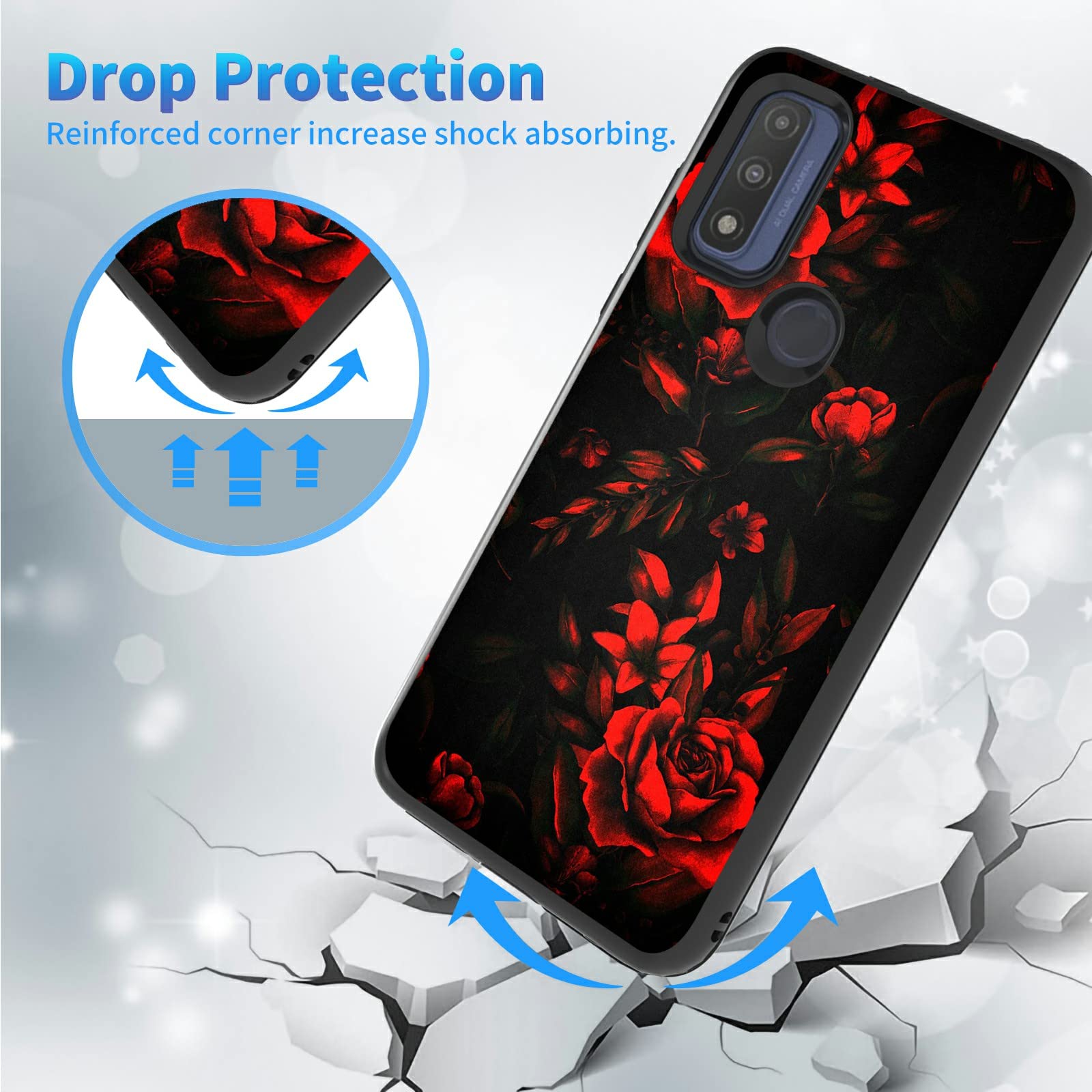 2 in 1 Shockproof Phone Case for Motorola Moto G Pure (2021) - Heavy Duty Dual Layer Hard PC & Soft Rubber Cover - Red Rose Art Design - Perfect for Women & Girls - Ideal for Everyday Protection, Outdoor Activities & Work