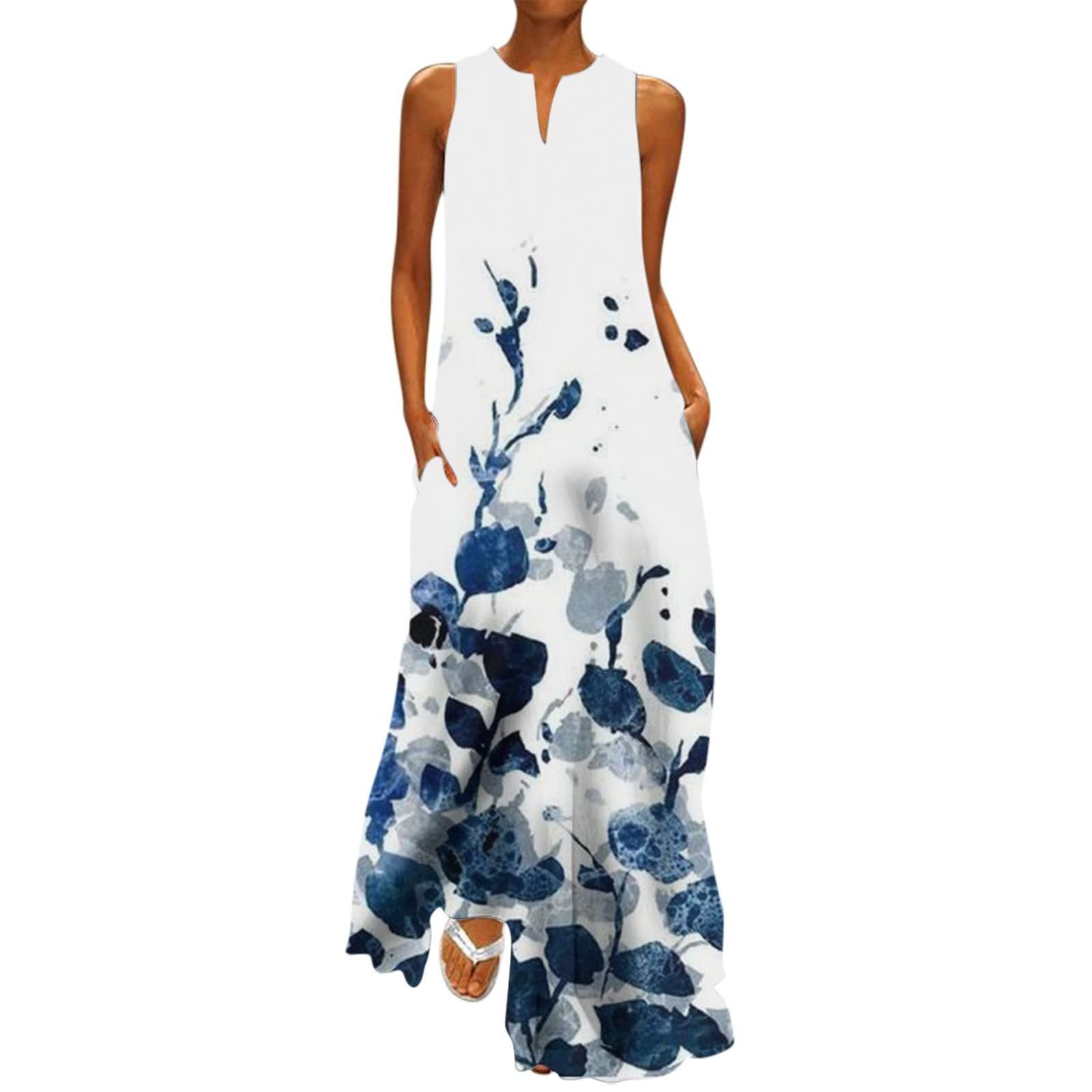 Elegant Women's Summer Cocktail Dress - Halter Sleeveless V-Neck Maxi Dress with Floral Print, Plus Size Formal Wear for Parties, Weddings & Special Occasions