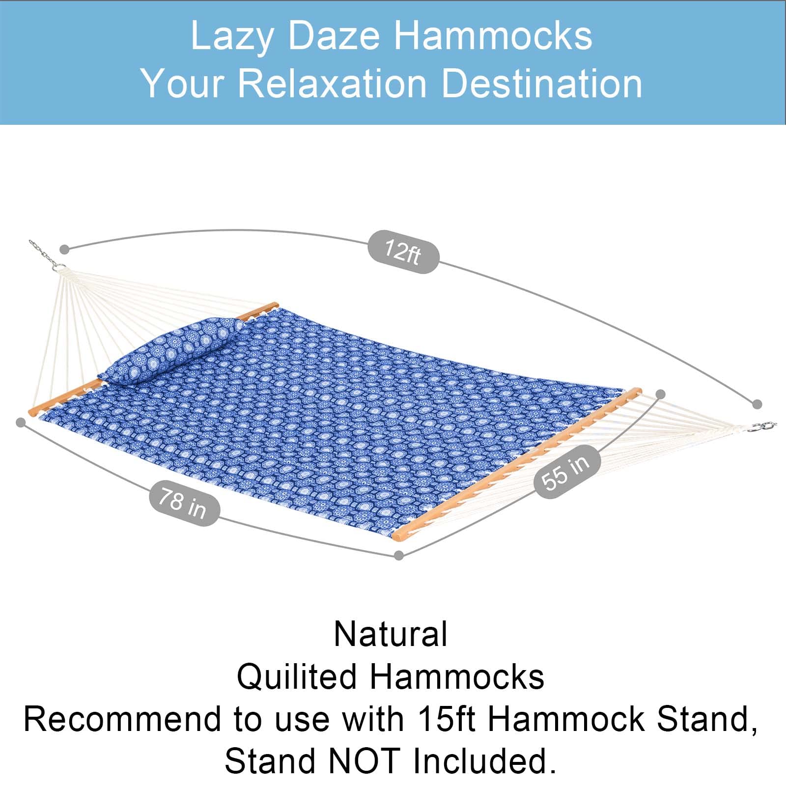 12 FT Double Quilted Fabric Hammock with Spreader Bars & Detachable Pillow - 2 Person Outdoor Hammock for Patio, Backyard, Poolside - 450 LBS Weight Capacity - Blue Floral Design - Perfect for Relaxing, Camping, Beach Trips & Backyard Lounging