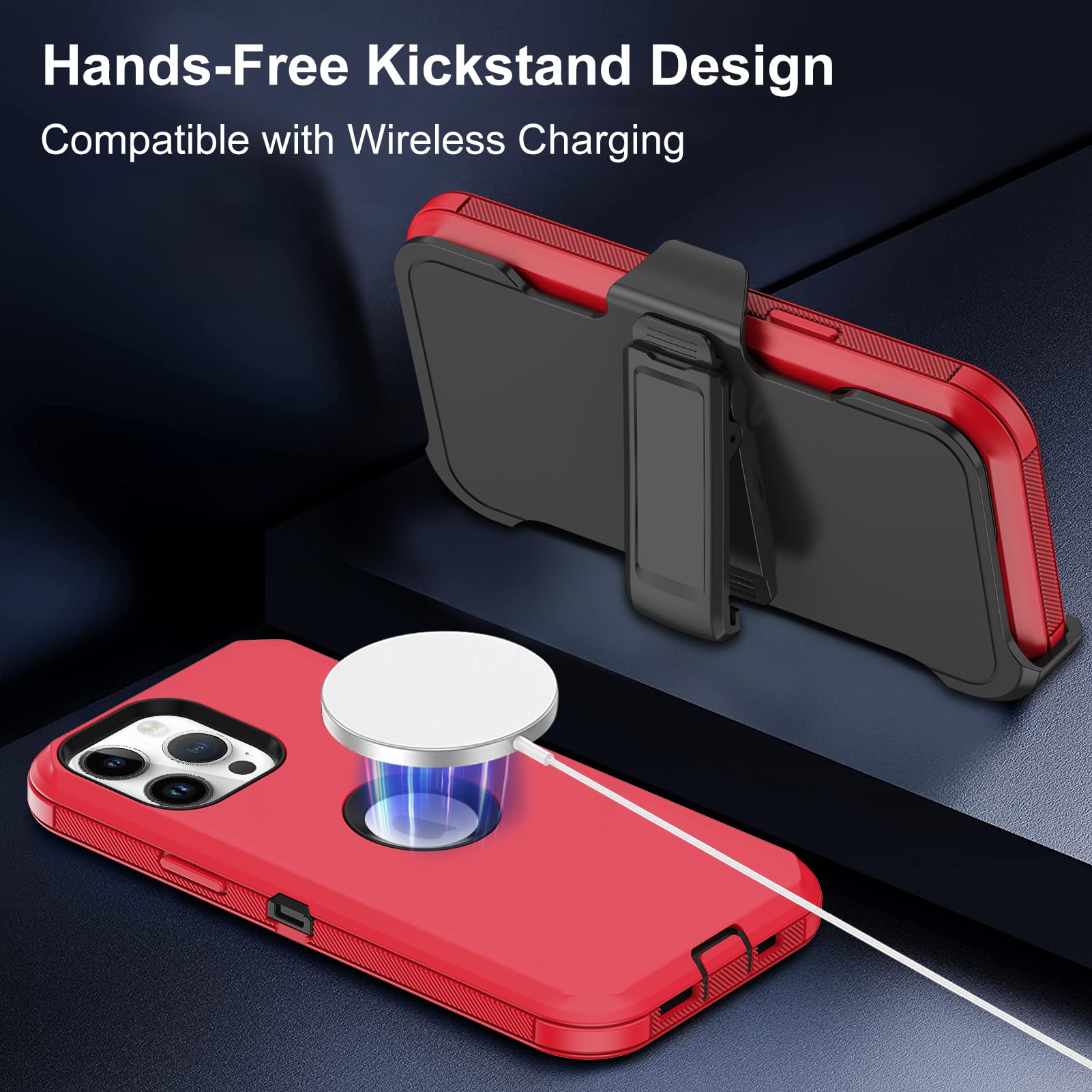 Military Grade Shockproof iPhone 14 Pro Max Case with Built-in Screen Protector - Full Body Rugged Protection Cover with Belt Clip & Kickstand (Red) | Perfect for Outdoor Adventures, Construction Work & Extreme Sports Protection