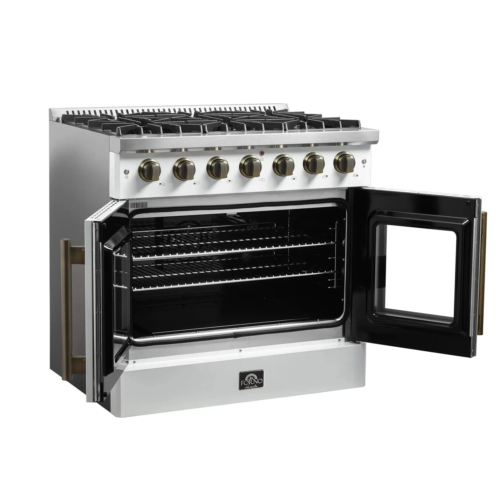 Forno Galiano 36-Inch French Door All Gas Range in White with Antique Brass Trim - Model FFSGS6444 36WHT | Professional Kitchen Appliance for Home Chefs & Modern Cooking