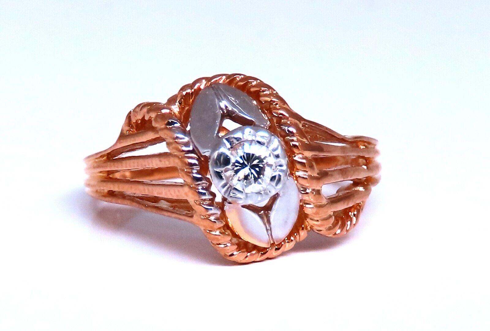 Restored Vintage 14K Gold Natural Diamond Petal Tulip Deco Ring 0.12ct - Elegant Art Deco Jewelry for Women, Perfect for Weddings, Anniversaries & Special Occasions
