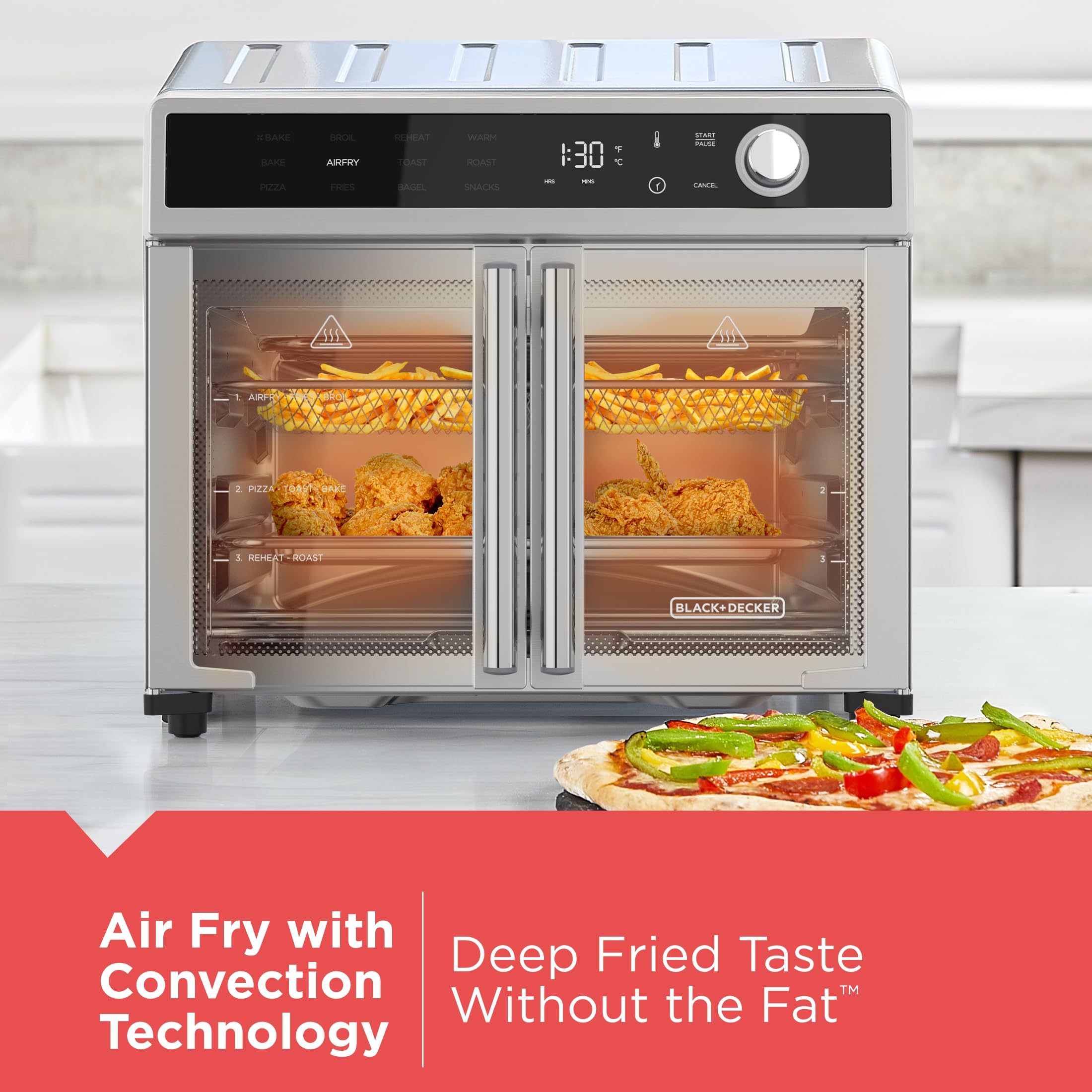 BLACK+DECKER 12-in-1 Air Fryer Toaster Oven Combo with Convection - Fast Cooking Countertop Oven for Pizza, Toast & More - Stainless Steel French Door Design - Perfect for Small Kitchens, Dorms & RV Cooking