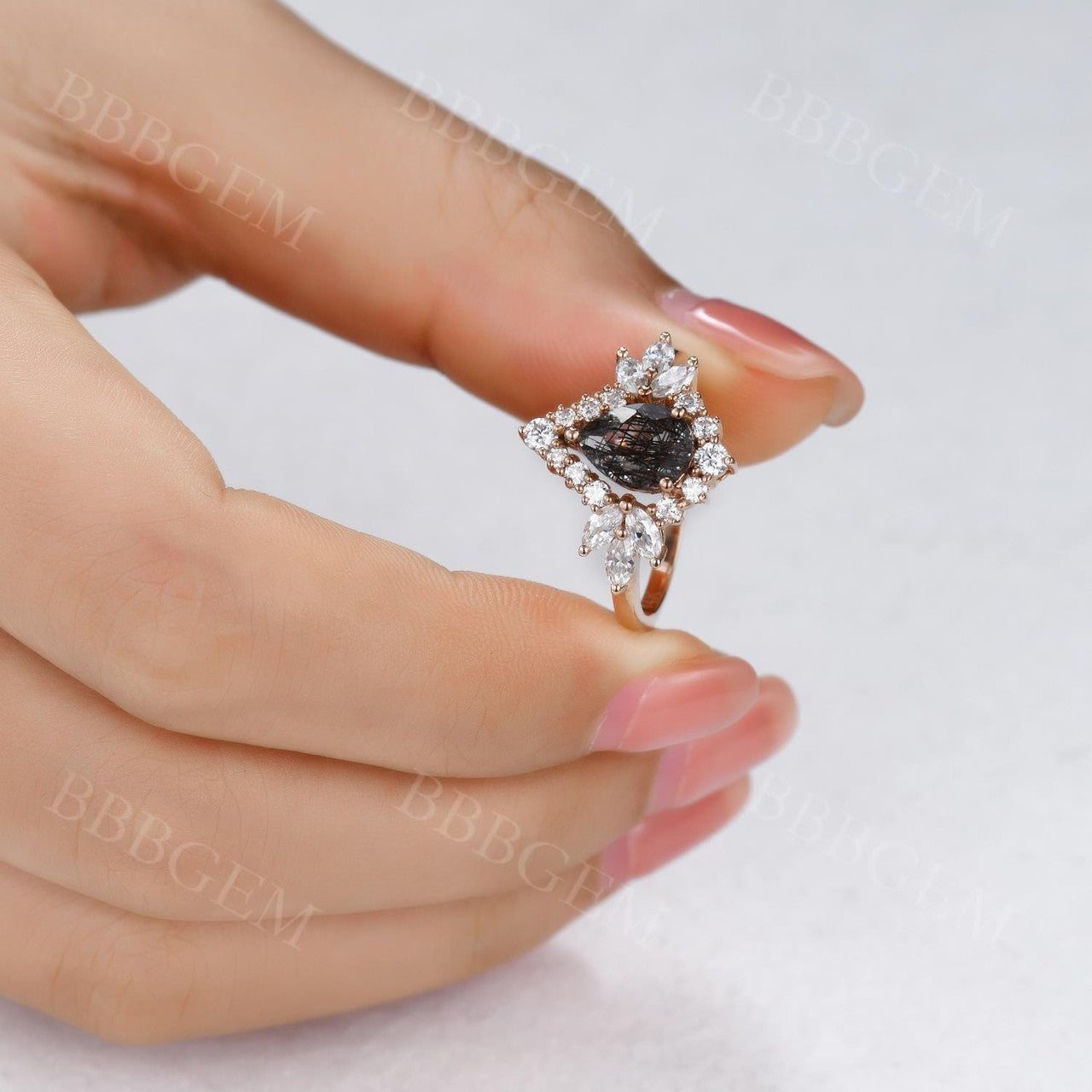 Natural Black Rutile Quartz Pear Ring with Diamond Cluster - Unique Engagement Ring for Women, Wedding, Anniversary & Special Occasions