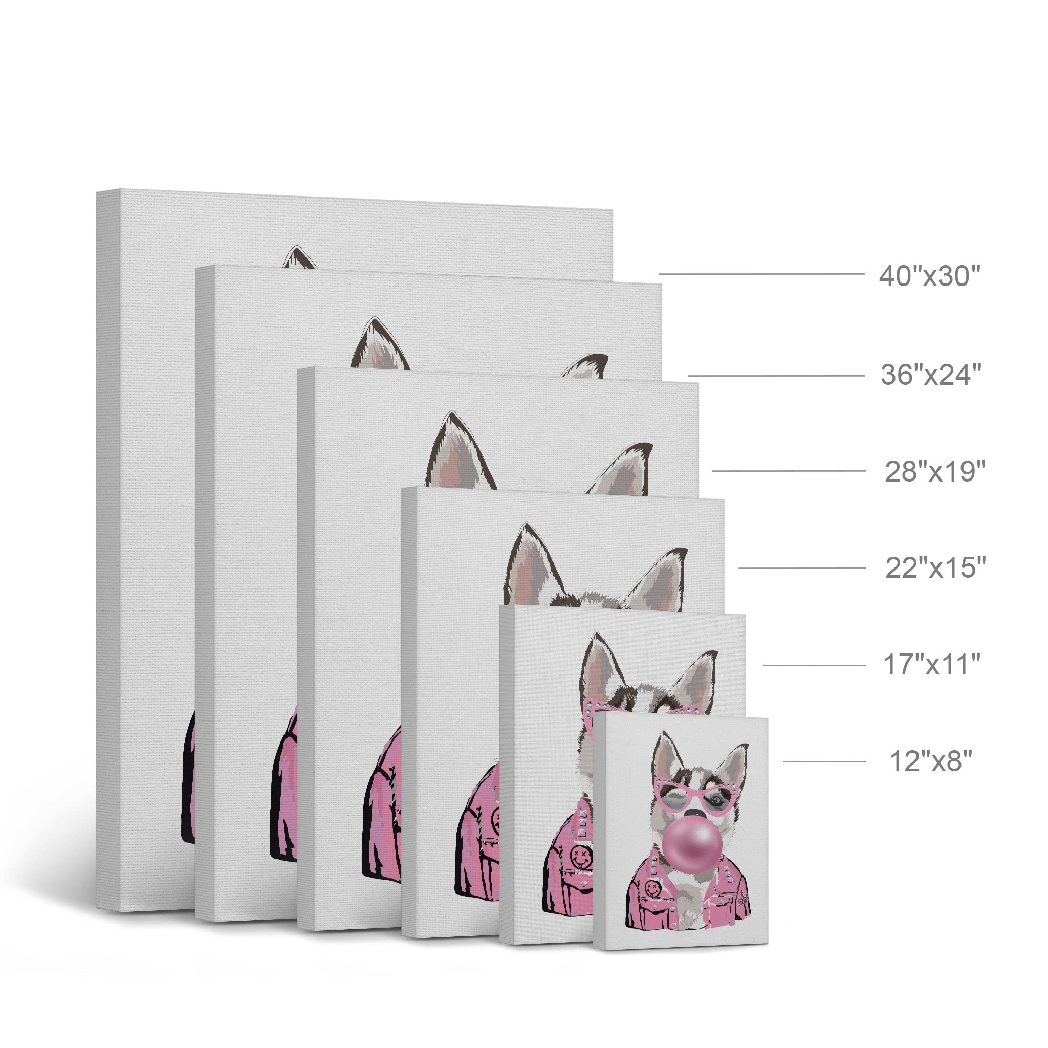 Smile Art Design Husky Dog and Cat Chewing Pink Bubble Gum - 2 Piece Canvas Wall Art Print Set (40x30 Inches) - Animal Pop Art for Living Room, Bedroom, Nursery & Kids Room Decor - Perfect for Pet Lovers & Modern Home Styling
