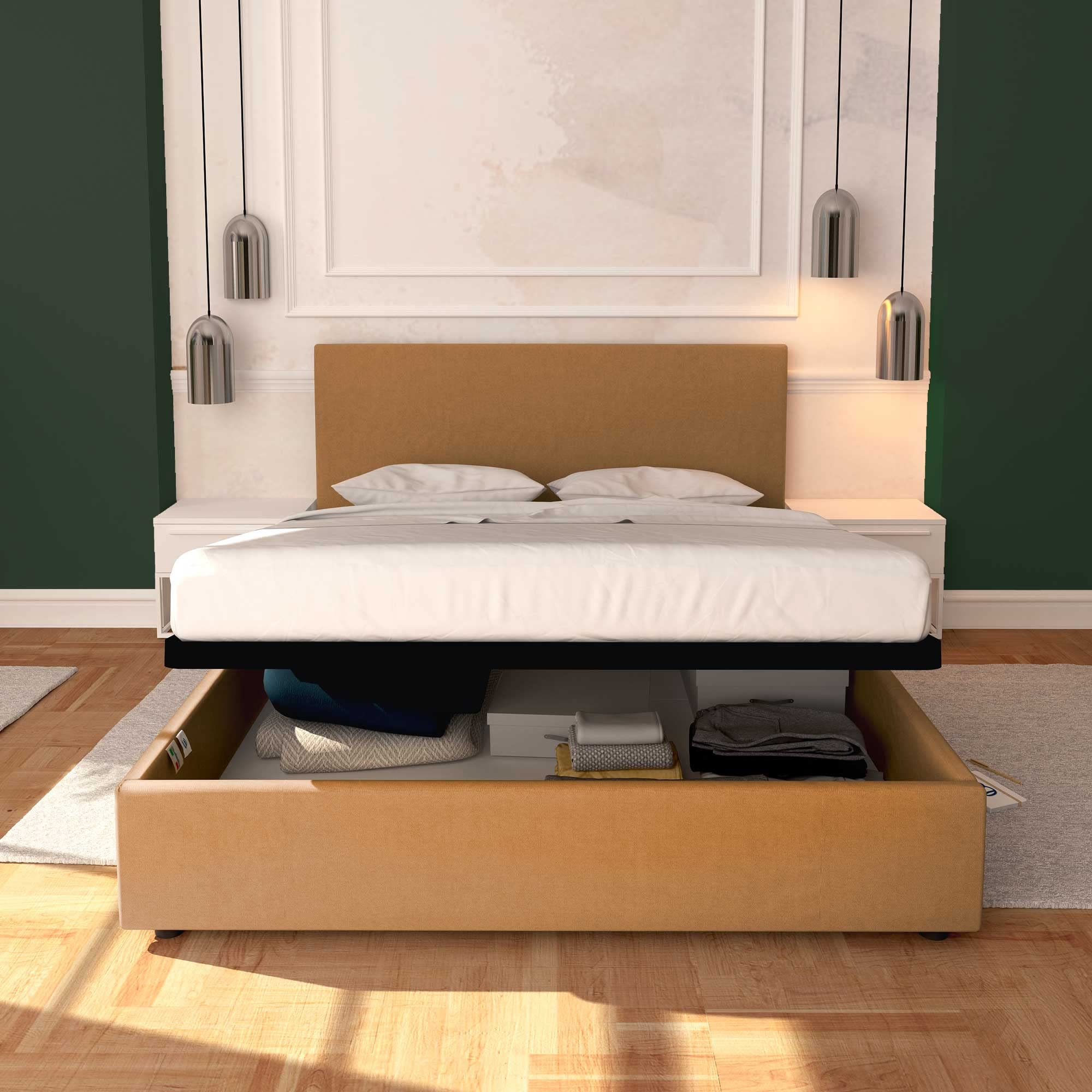 Baldiflex Rossano Queen Size Bed with Storage - Synthetic Leather Upholstery, Slatted Base for Mattress Support, 63