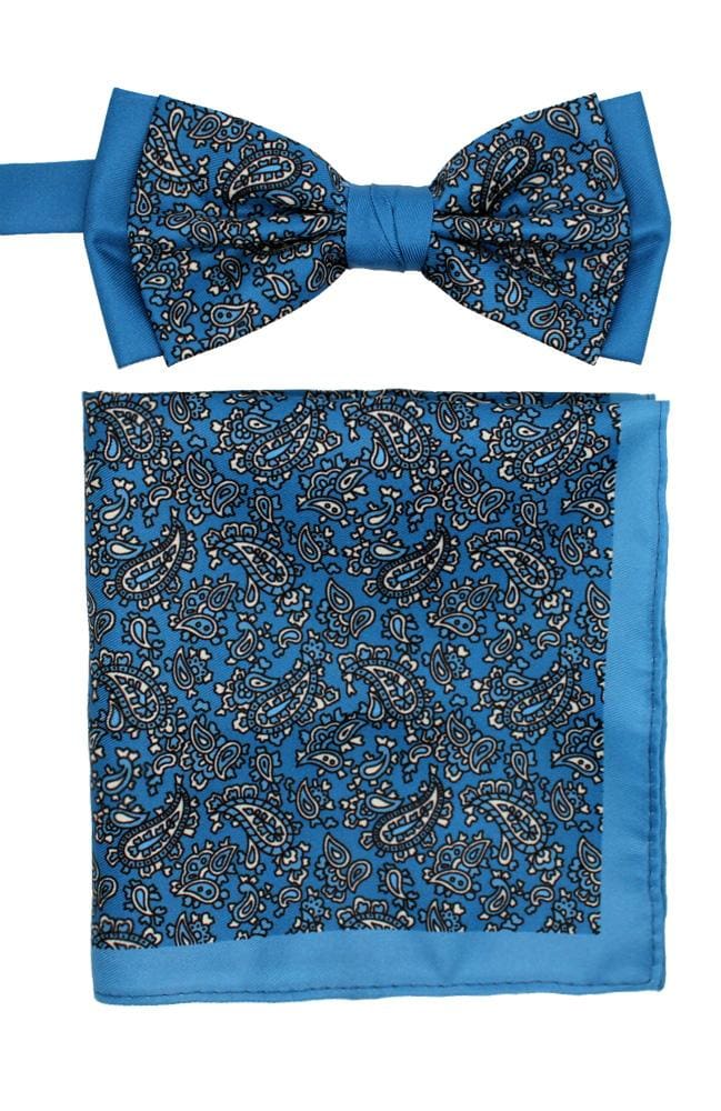 LA Smith Poly Blue Paisley Bow Tie and Pocket Square Set - Elegant Formal Accessories for Weddings, Prom & Special Occasions