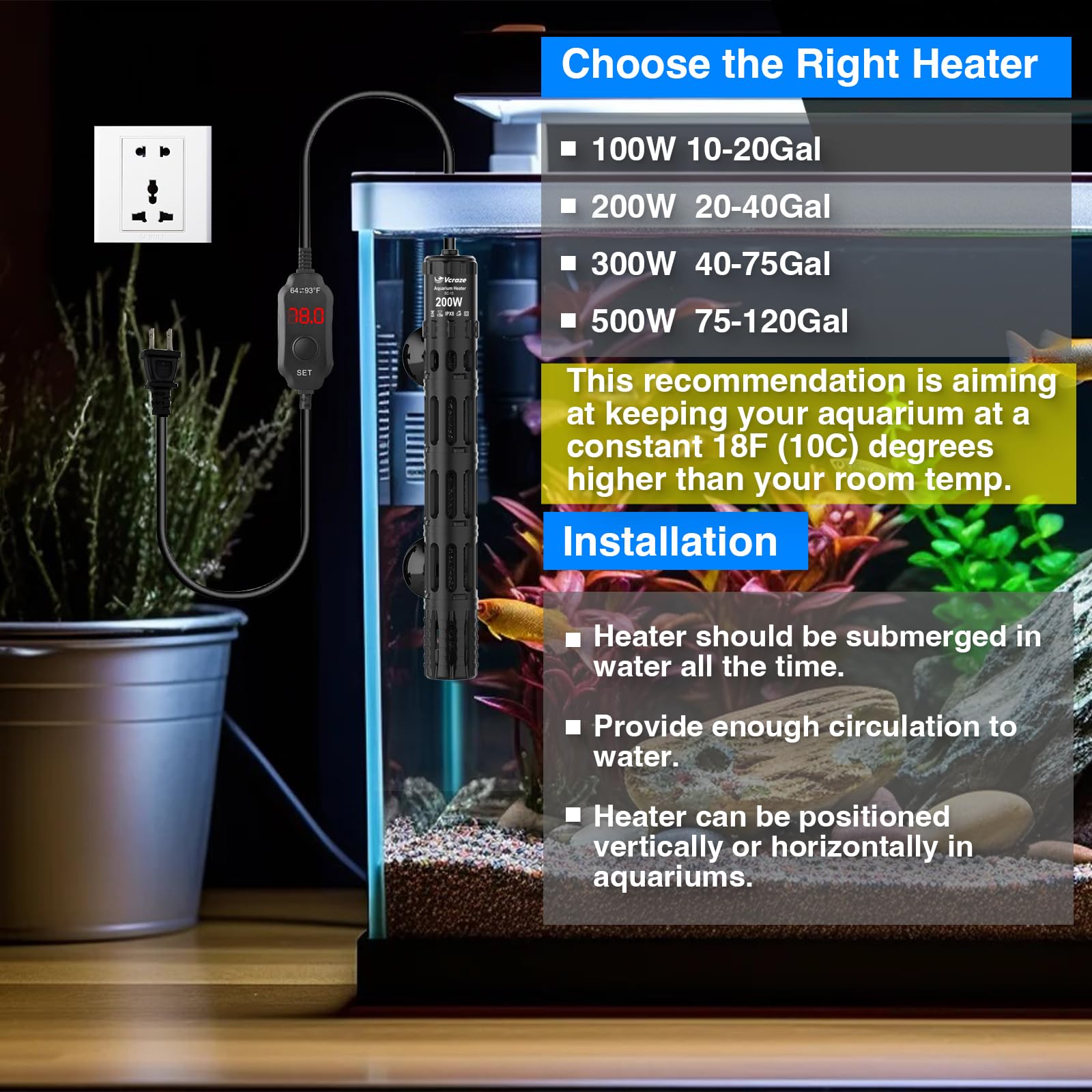 200W Submersible Aquarium Heater with LED Digital Display Thermostat & Protective Housing - Adjustable Fish Tank Heater for 20-40 Gallon Tanks - Perfect for Tropical Fish, Saltwater & Freshwater Aquariums