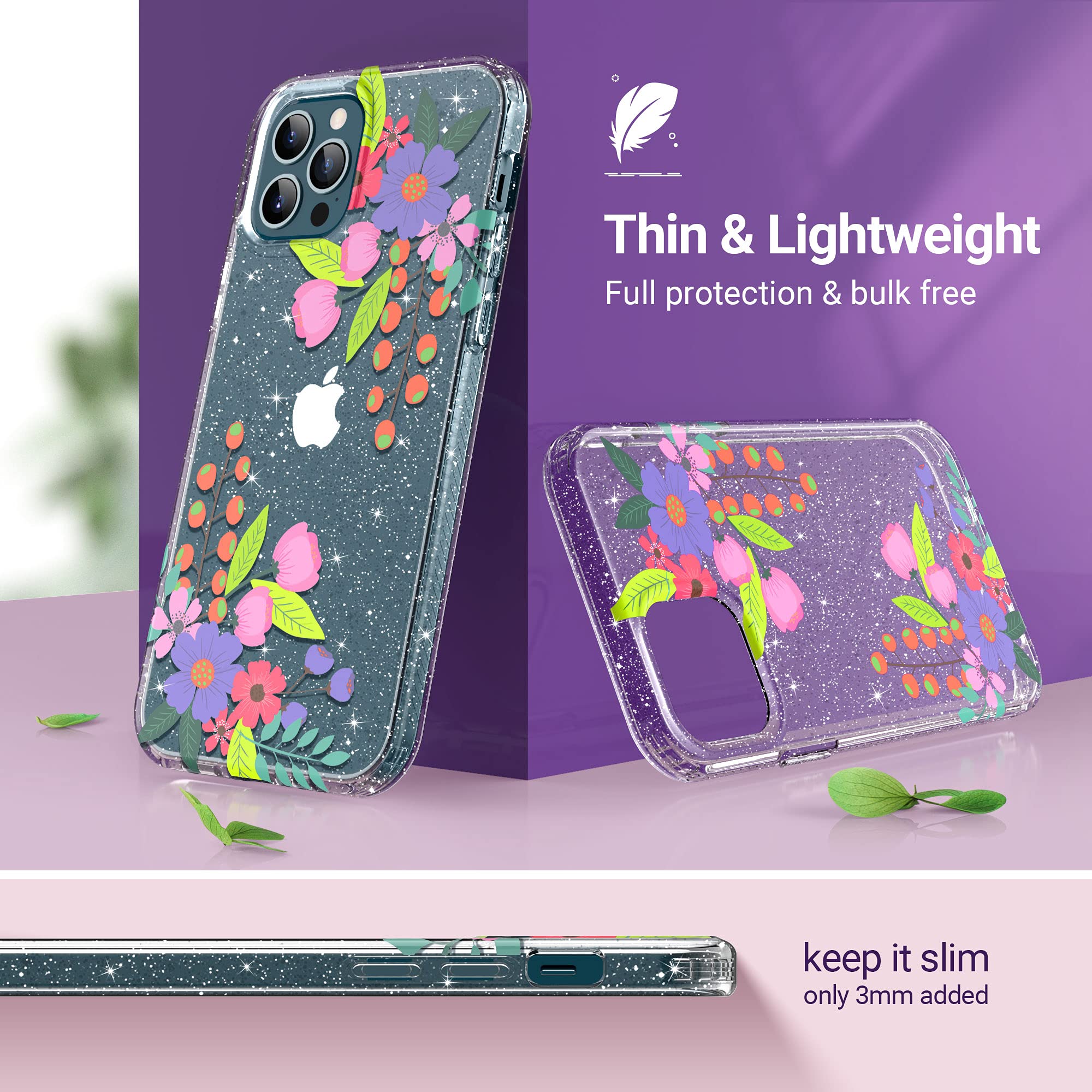 ULAK Glitter Flower iPhone 12 Pro Max Case 6.7 Inch - Sparkly Soft TPU Bumper Protective Cover for Women & Girls | Perfect for Everyday Use, Parties & Gift Giving