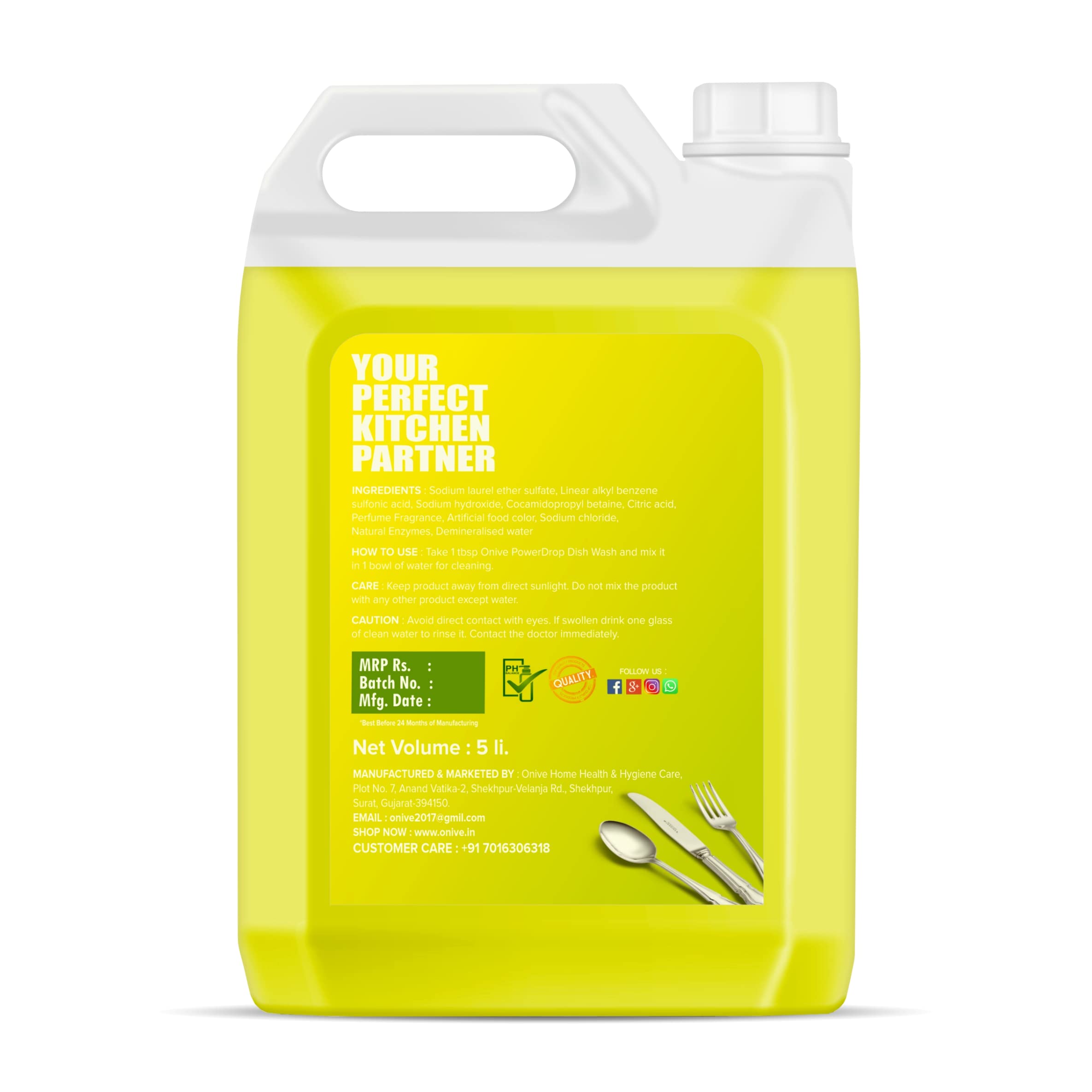 Onive PowerDrop Dishwash Liquid Gel 5L Refill Pack - Lemon Power, No Residue, Concentrated Dishwasher Detergent for All Utensils | Heavy-Duty Kitchen Cleaning for Pots, Pans & Dishes