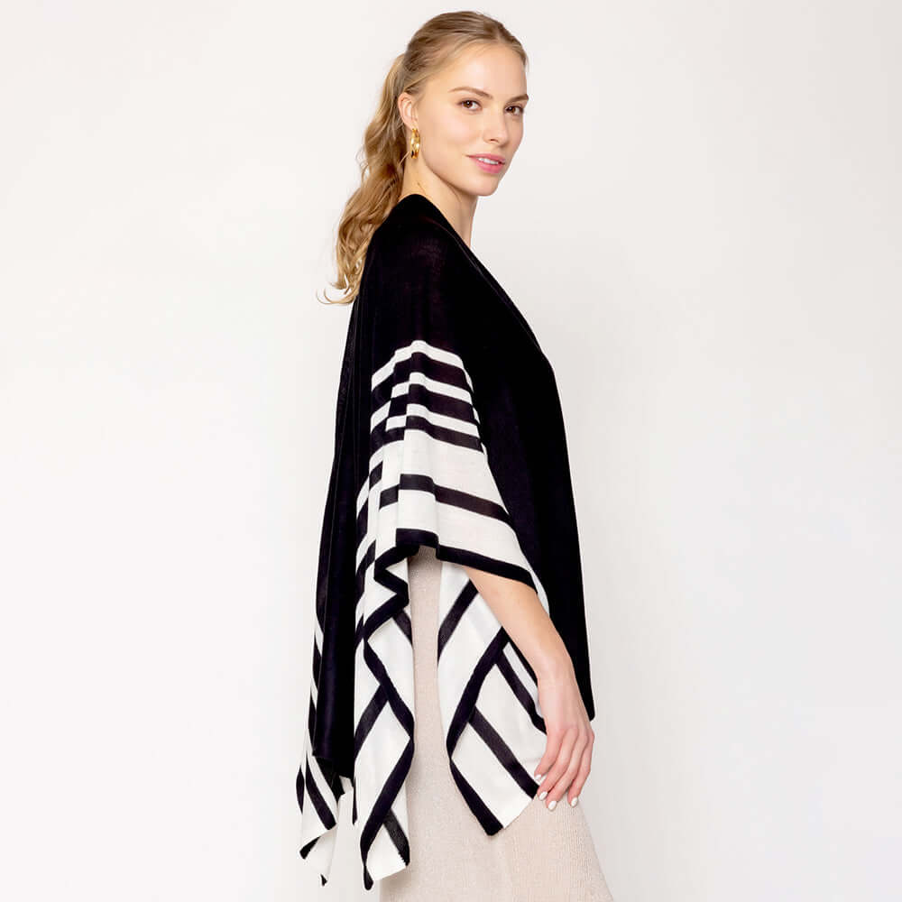 Stylish Black & White Two Tone Border Ruana Poncho - Elegant Wrap for Women | Perfect for Fall, Winter, and Special Occasions
