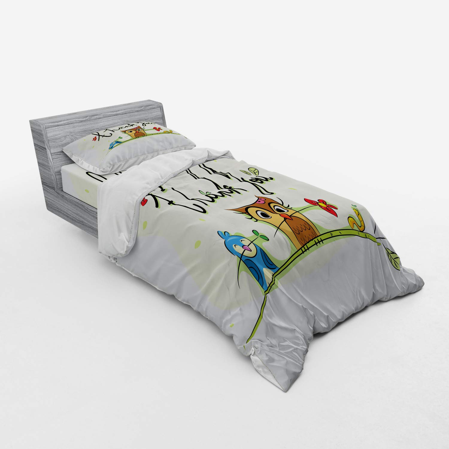 Ambesonne 3-Piece Twin XL Duvet Cover Set - Little Birds Owl Worm Sparrow Floral Thank You Print, Green | Soft Bedding Set with Fitted Sheet & Sham | Perfect for Kids Rooms, Guest Bedrooms & Cozy Home Decor