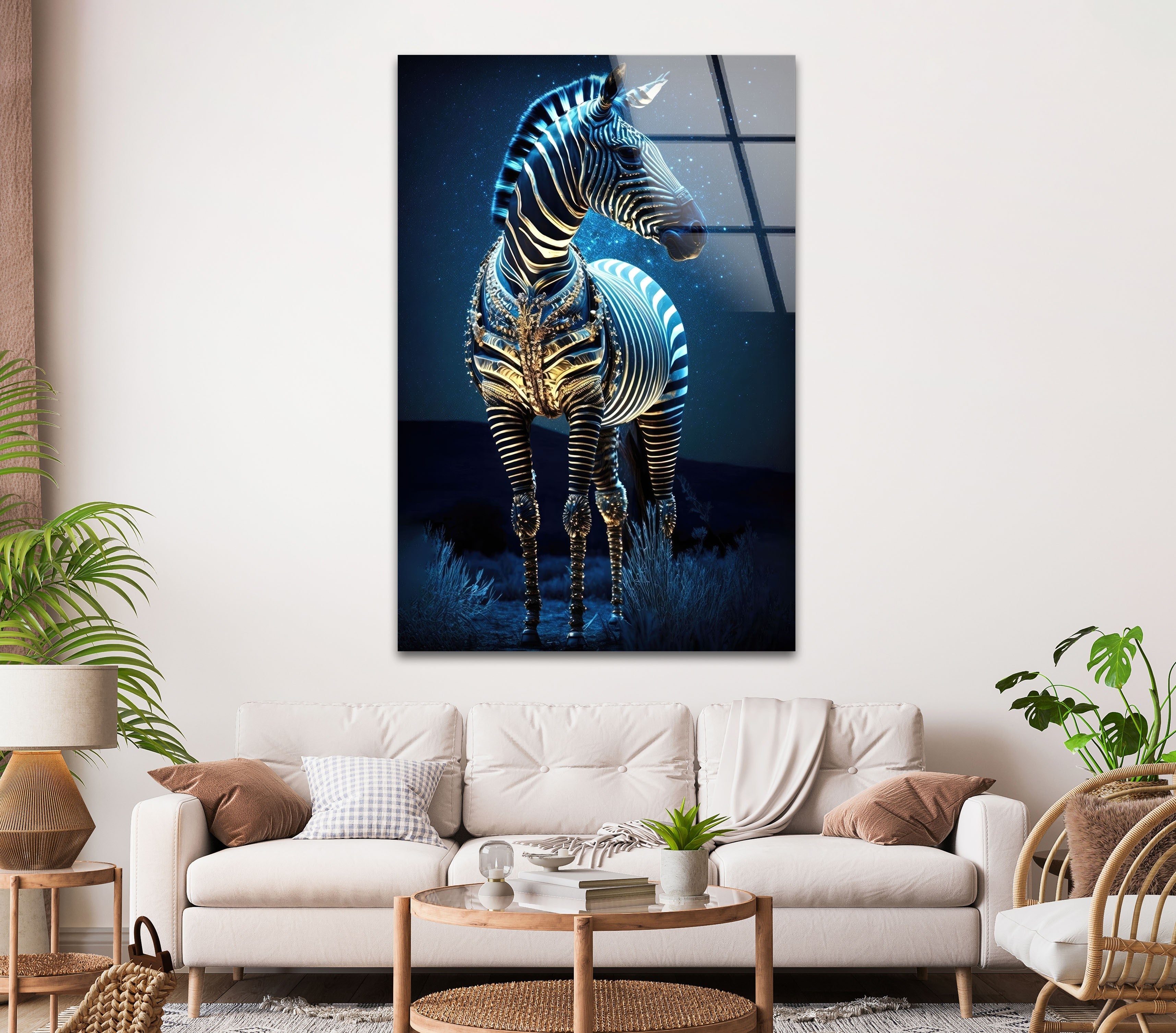 Blue Zebra Glass Wall Art - Modern Home Decor for Living Room, Bedroom & Office - Handmade Glass Painting for Unique Interior Design
