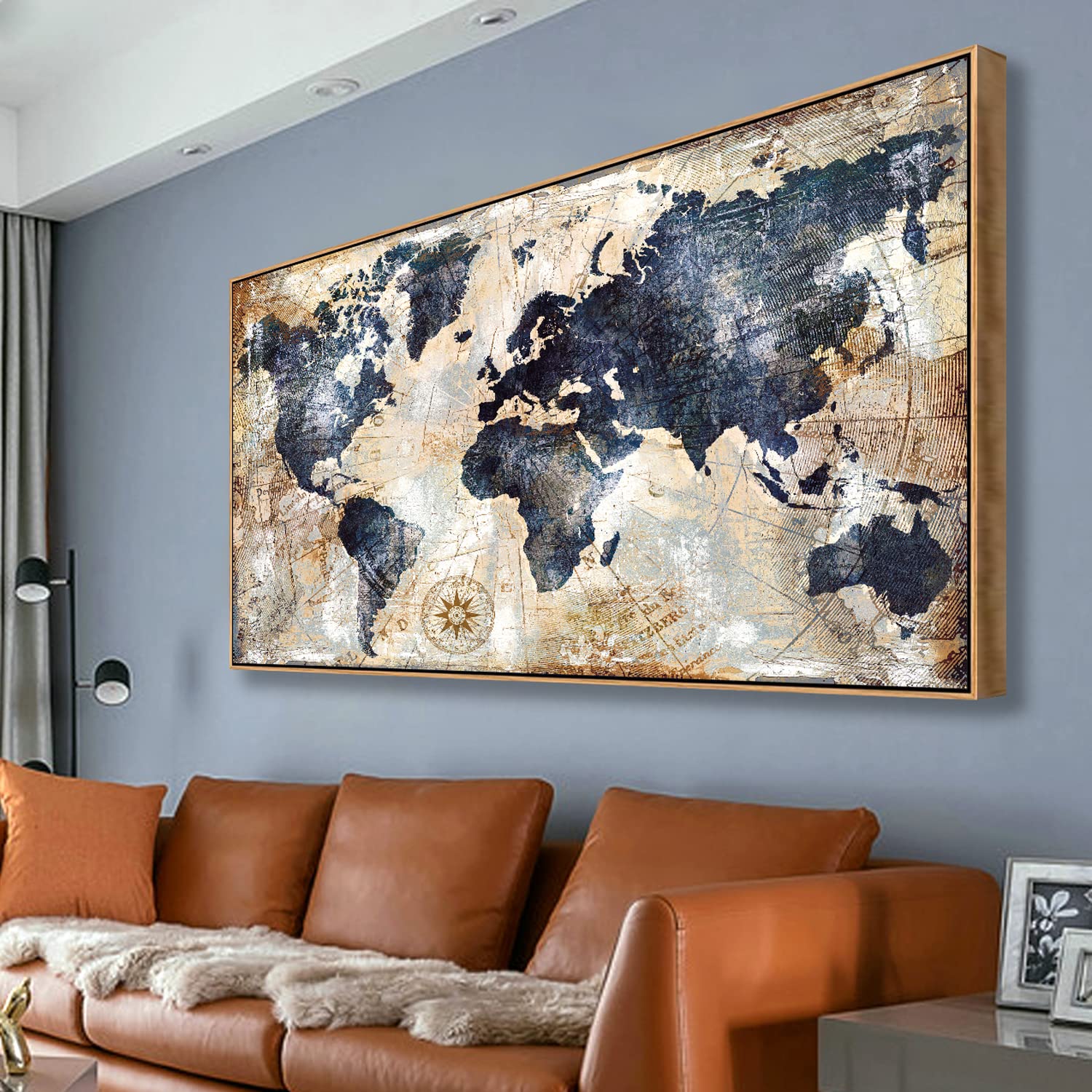 World Map Wall Art Print - Framed Canvas Decor for Home & Office - 20x40 Inch Ready to Hang - Perfect for Travel Lovers & Nautical Theme Rooms (Living Room, Bedroom, Study)