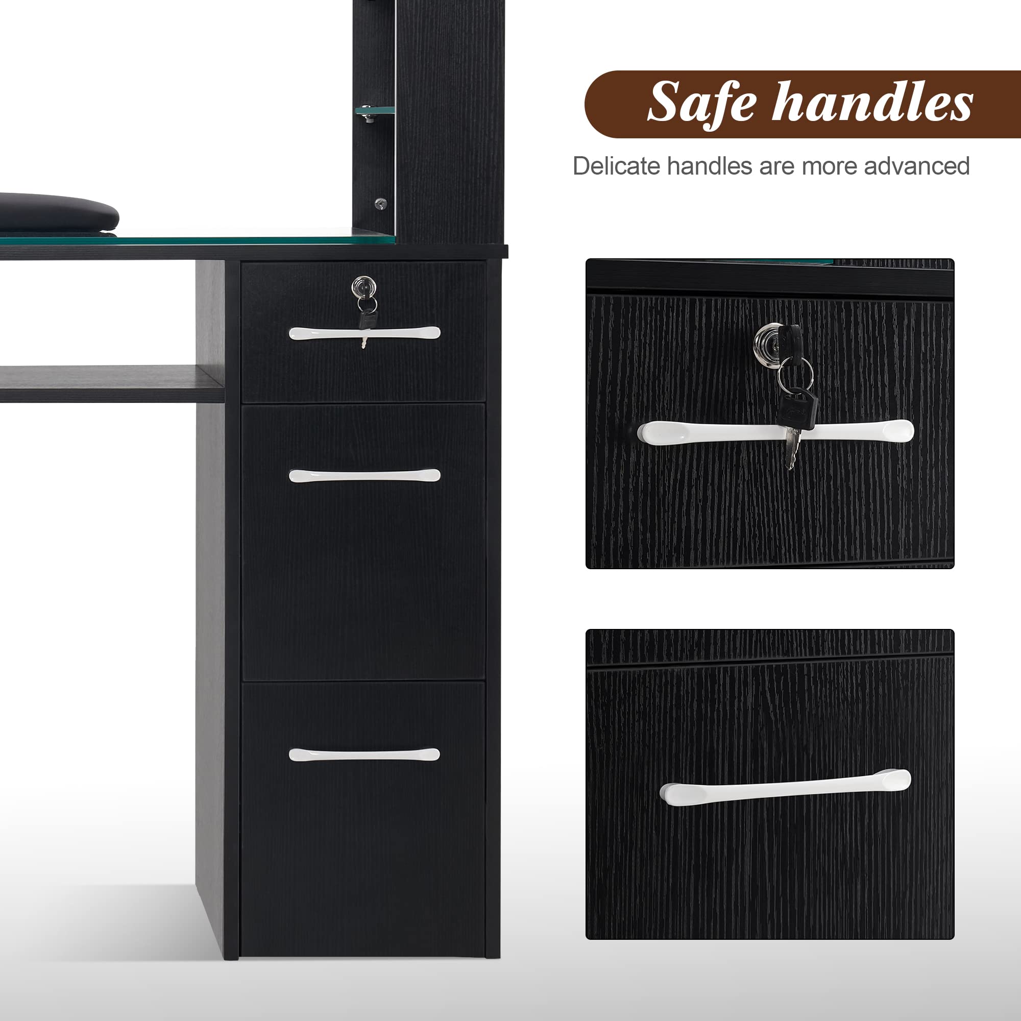 Professional BarberPub Manicure Table with 3 Drawers & Storage Shelves - Black Spa Beauty Salon Station Nail Desk 2673 - Perfect for Nail Salons, Home Studios & Professional Barber Shops