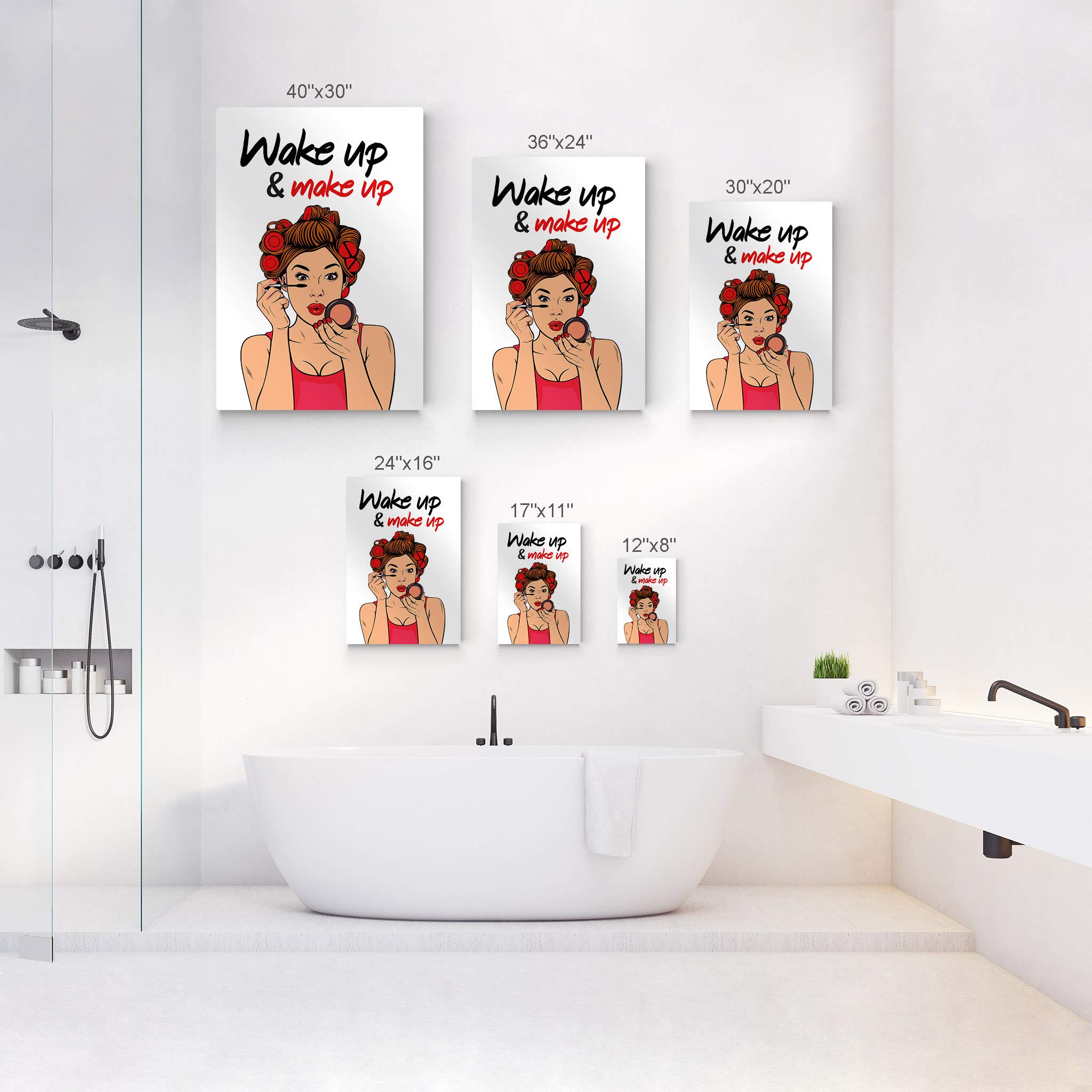 Wake Up Make Up Bathroom Wall Art - Smile Art Design Metal Print for Bathroom Decor, Pretty Woman Sign, Ready to Hang Home Decoration (40x30, Made in USA) - Perfect for Powder Rooms, Guest Baths & Vanity Areas