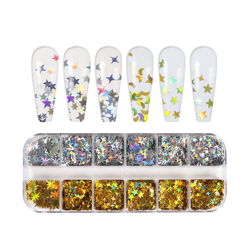 Holographic Nail Sequins Glitter Flakes Kit - Gold & Silver Laser Paillettes for Nail Art Decorations, Gel Polish Manicure - Perfect for DIY Nail Designs, Salon Use, and Party Glam Looks