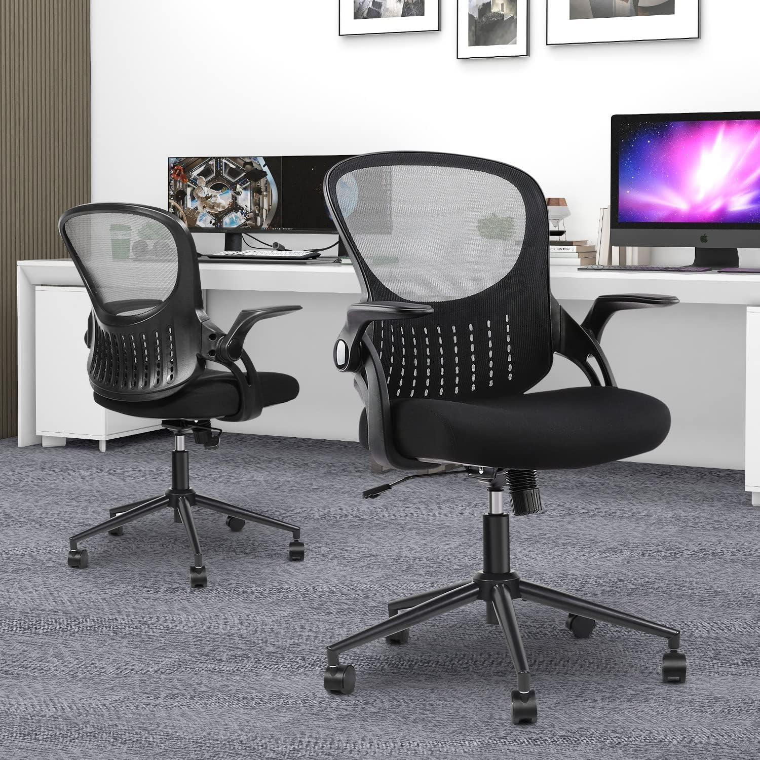 Ergonomic Mesh Office Chair with Lumbar Support - Adjustable Mid-Back Computer Gaming Desk Chair, Flip-Up Arms & Swivel Wheels - Comfortable Work Chair for Home Office, Bedroom, Study Room - Perfect for Long Hours of Work, Gaming & Online Classes (Black)