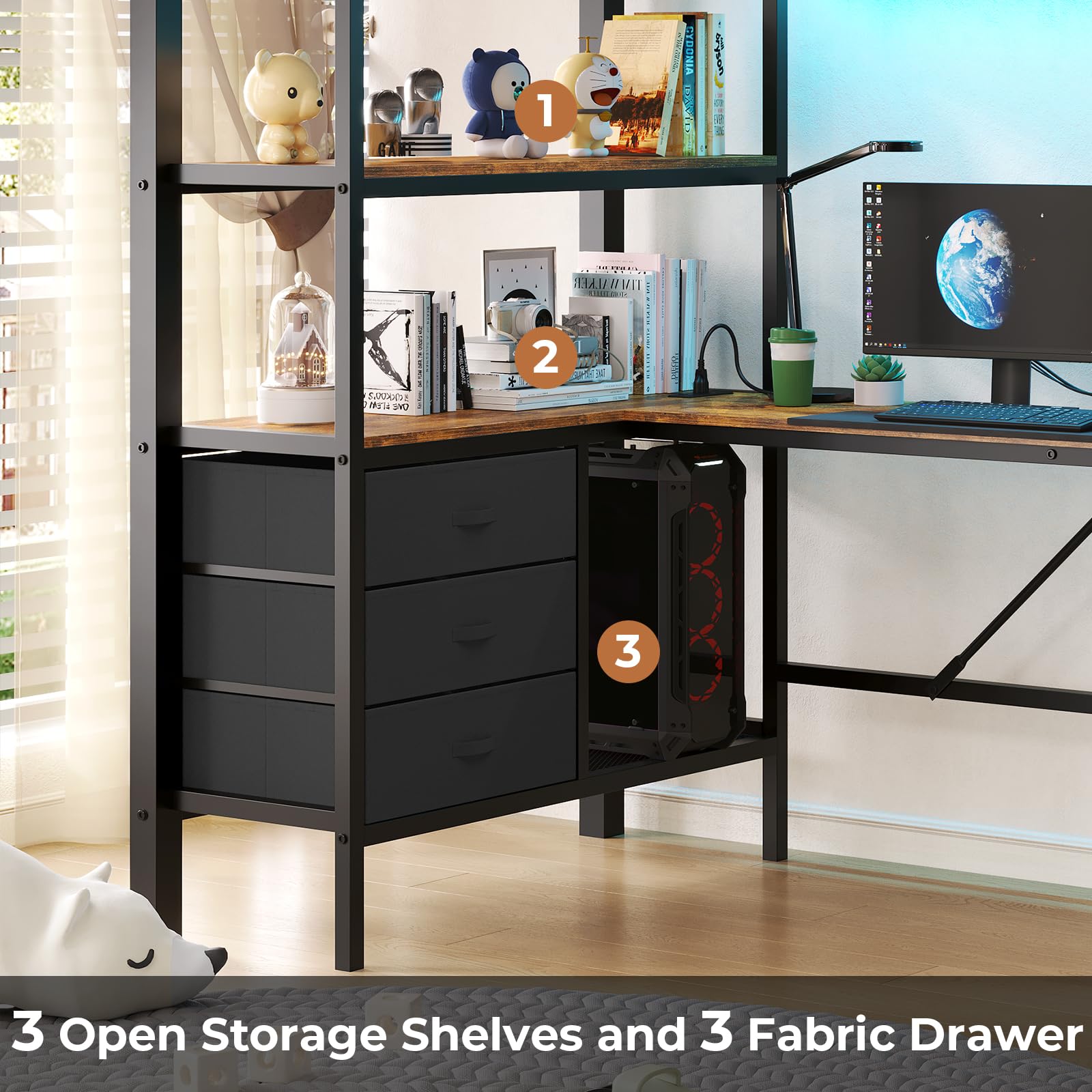 Twin Size Metal Loft Bed with L-Shaped Desk - Black LED Loft Bed Frame with Charging Station, 3 Storage Shelves & 3 Fabric Drawers | Includes Safety Guard & Ladder | No Box Spring Needed | Perfect for Small Bedrooms, Dorm Rooms & Kids' Spaces