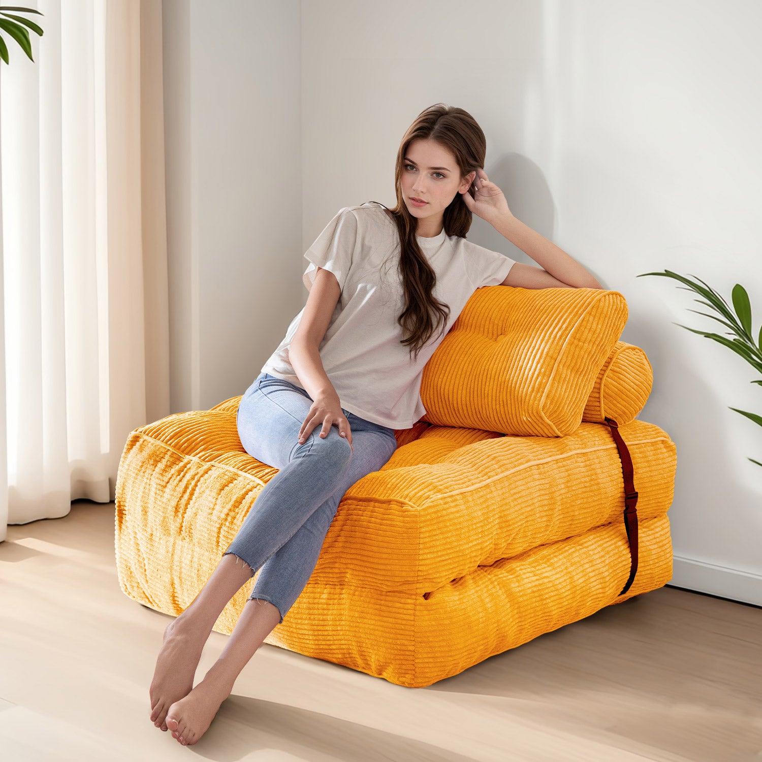 MAXYOYO Corduroy Sofa Bed - Convertible Sleeper Chair with Back Support in Orange | Comfortable Guest Bed & Space-Saving Living Room Furniture