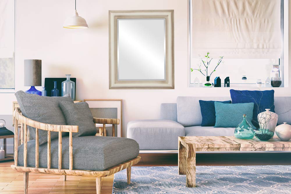 Philadelphia Style Rectangle Beveled Wall Mirror - 26x32 Inches Taupe Framed Mirror for Living Room, Bedroom & Entryway Decor - Elegant Home Decoration