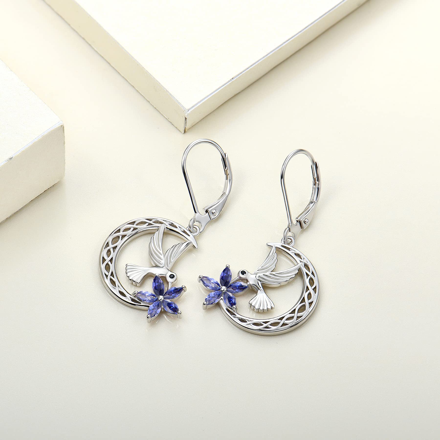 Sterling Silver Celtic Moon Flower Hummingbird Dangle Drop Earrings with Birthstone - Leverback Jewelry for Women - Perfect for Weddings, Parties & Everyday Wear