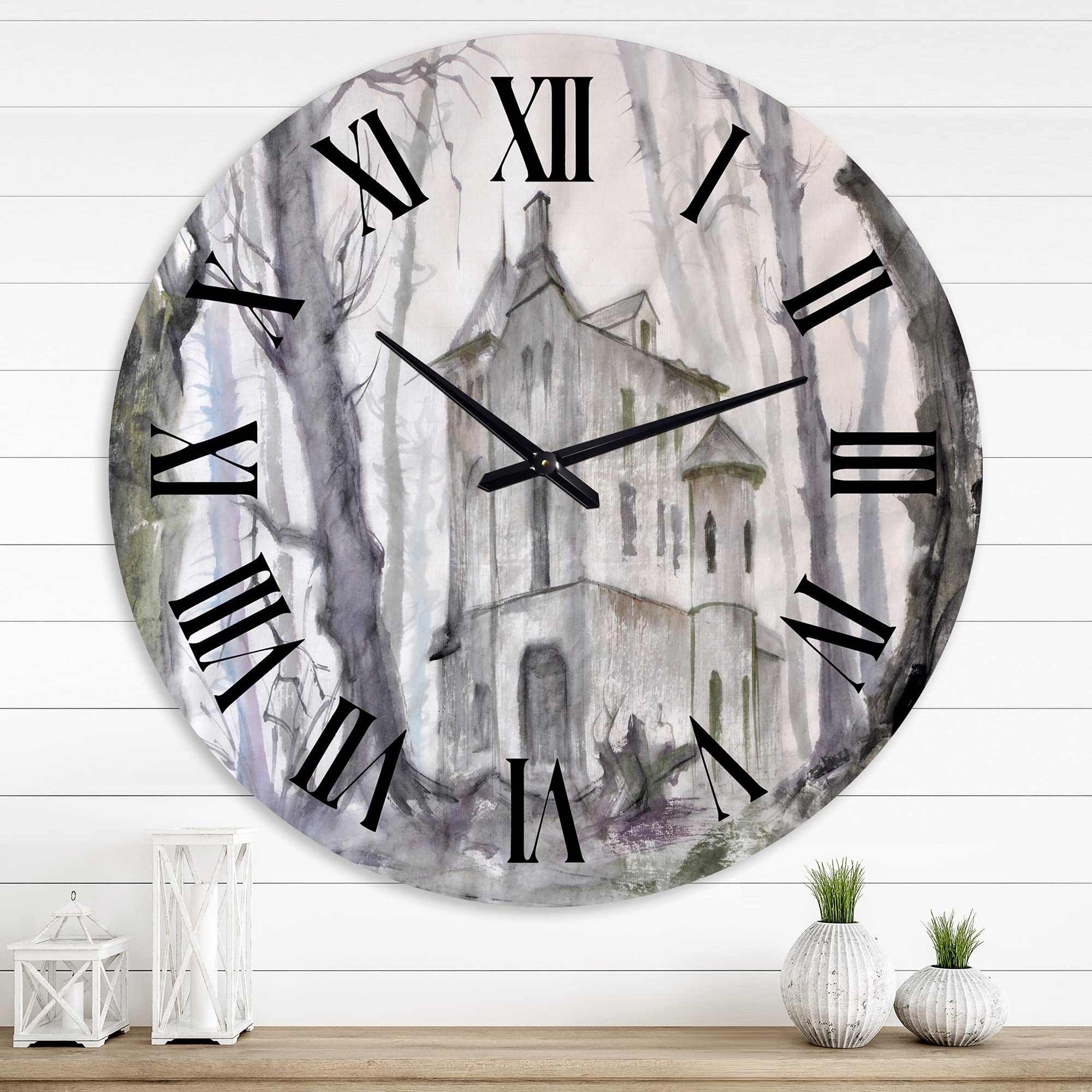 Haunted Castle in The Woods Wall Clock - Large Traditional Fantasy Decor for Living Room, Bedroom & Office - Silent Non-Ticking Home Decor