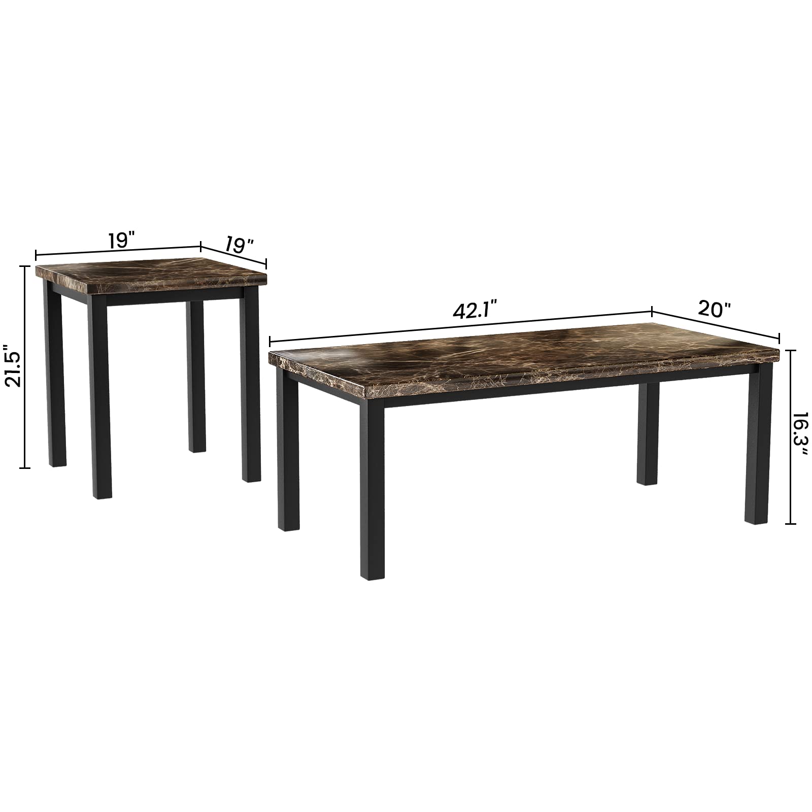 AWQM Faux Marble Coffee Table Set of 3 - Modern Accent Table & 2 End Tables for Living Room with Black Metal Frame & Brown Marble Top - Perfect for Sofa, Lounge & Home Decor