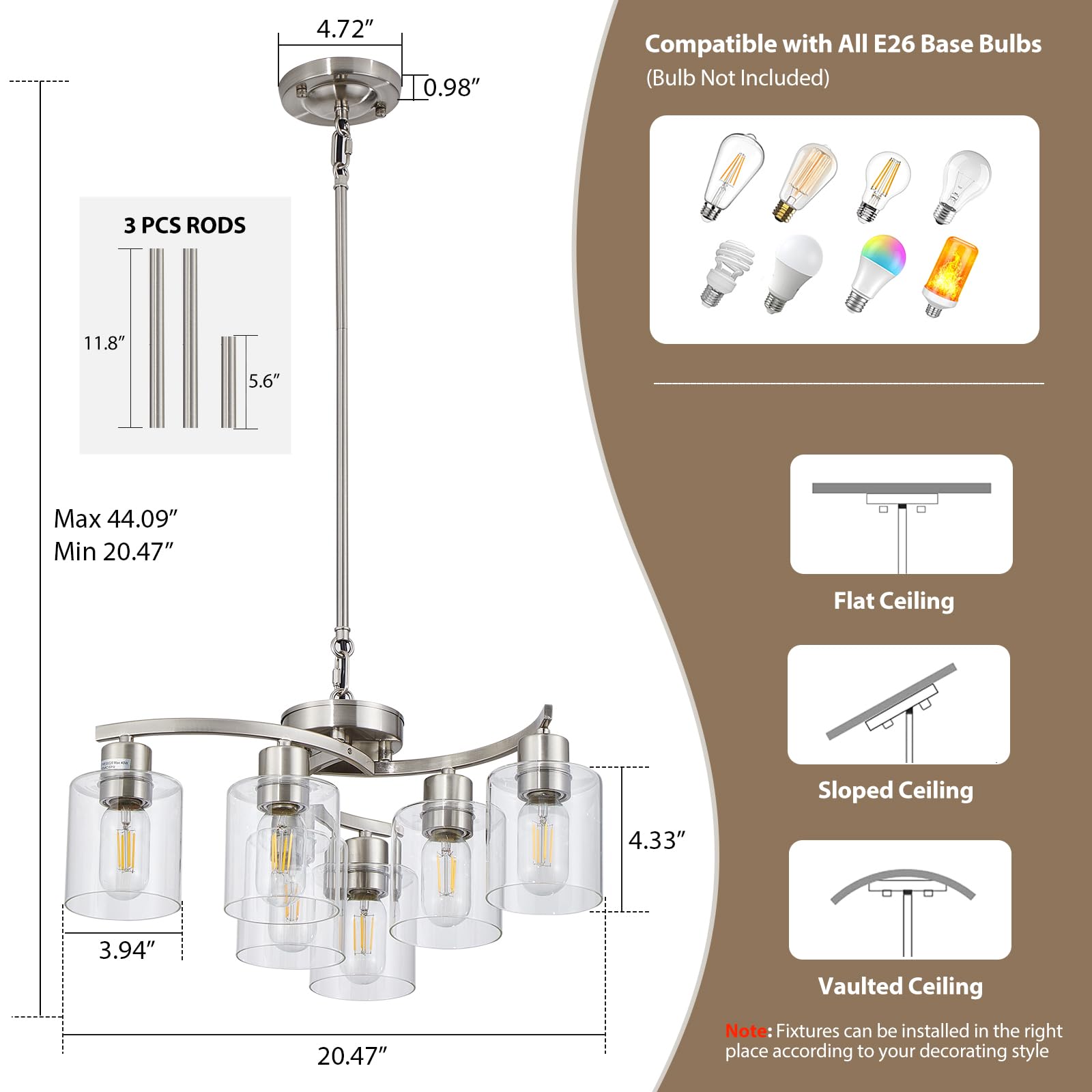 Modern Farmhouse 6-Light Brushed Nickel Chandelier with Clear Glass Shade - Elegant Dining Room Hanging Light, Perfect for Bedroom, Living Room, Kitchen, Hallway & Foyer | Rustic Ceiling Lighting Fixture for Home Decor