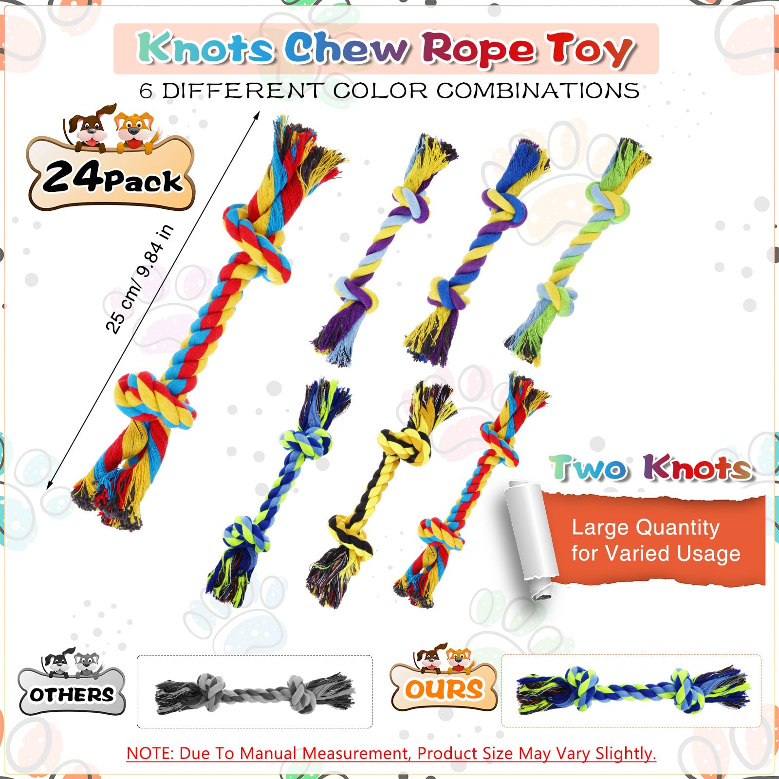 24 Pack Large Dog Rope Toys - 10 Inch Natural Cotton Chew Toys for Aggressive Chewers, Medium & Big Dogs - Durable 2-Knot Design for Teething, Playtime & Training - Perfect for Fetch, Tug of War & Dental Health