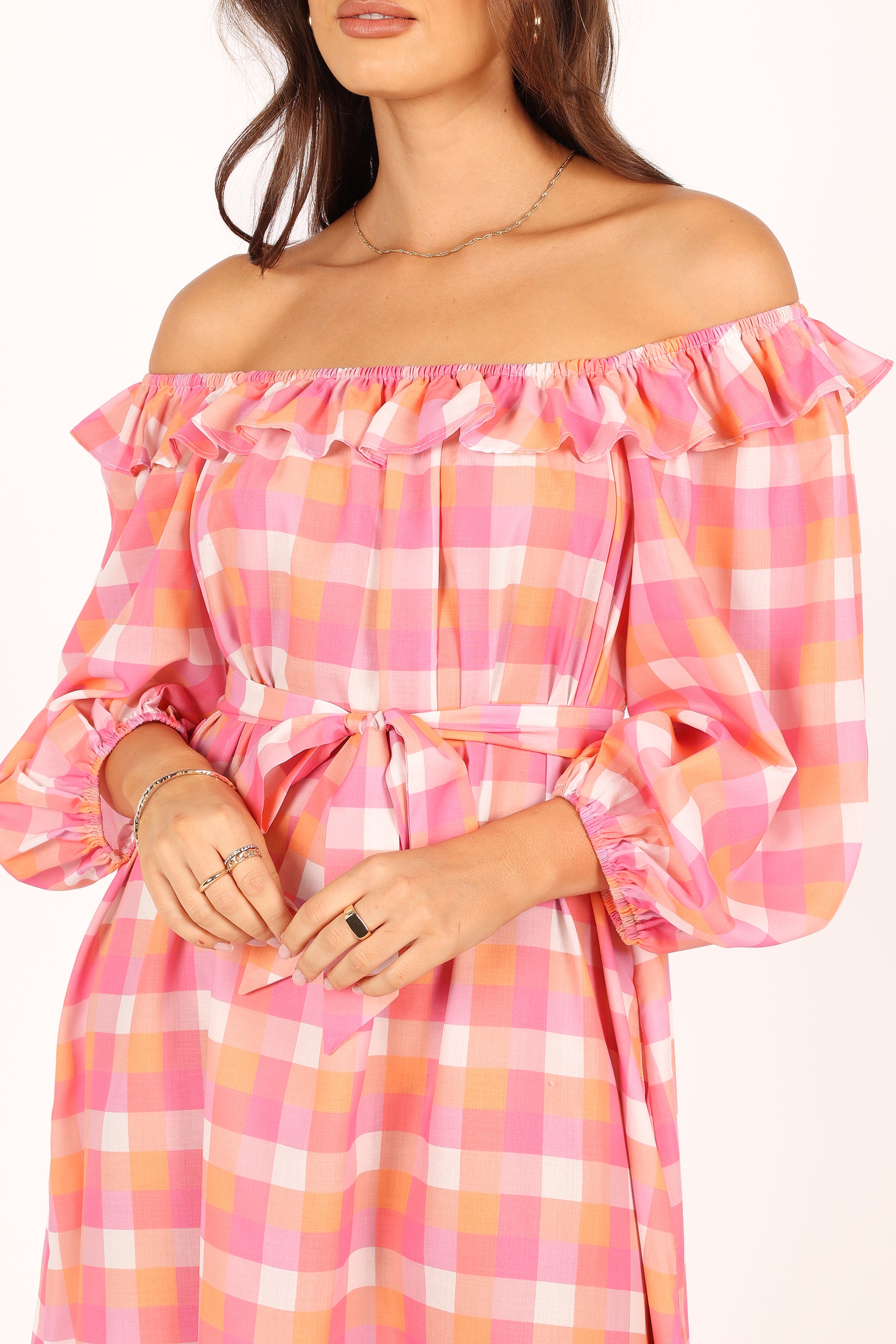 Georgia Off Shoulder Midi Dress - Pink Gingham Floral Summer Dress for Women, Perfect for Beach Vacation, Date Night & Outdoor Parties