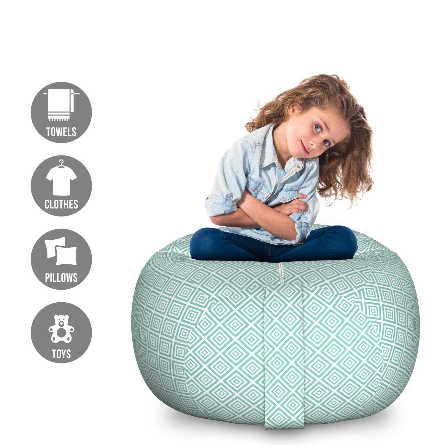Ambesonne Geometric Storage Toy Bag Chair - Large Washable Stuffed Animal Organizer with Monochrome Abstract Rhombus Pattern (Seafoam & White) | Kids Room Decor, Playroom Storage, Nursery Organization
